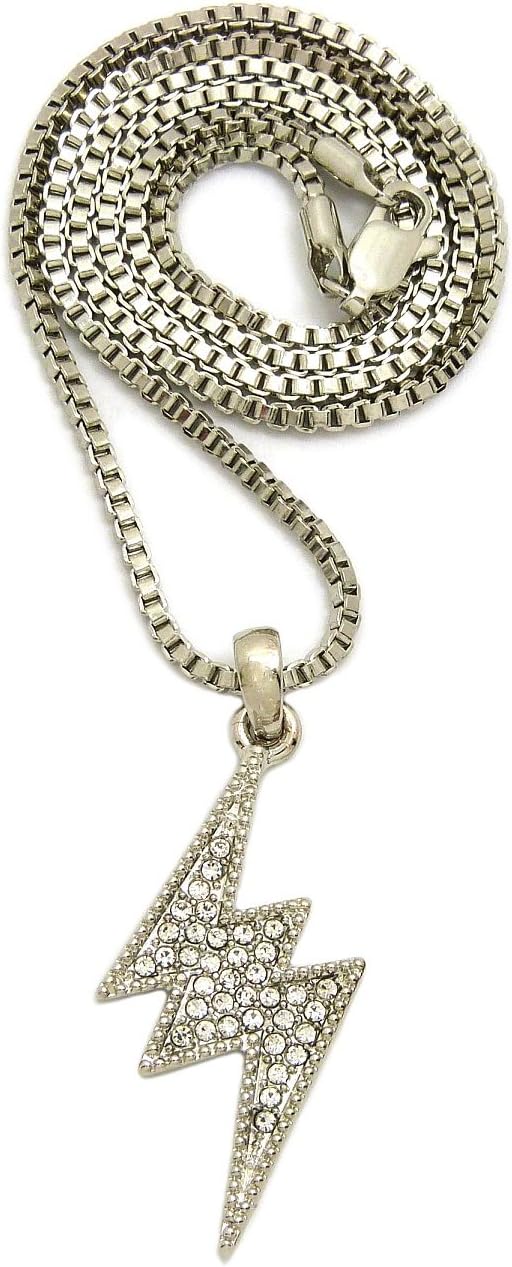 CBC Crown Stone Filled Lightening Bolt Style Pendant in 18"/20"/24" Box, Cuban, Franco or Rope Chain Necklace in Gold or Rhodium Tone