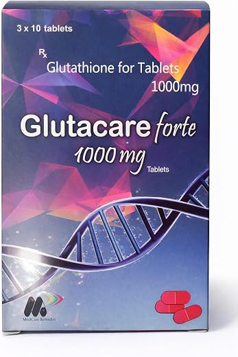 GLUTACARE FORTE Reduced Glutathione 1000 mg with Vitamin C for Glowing Skin | 30 Tablets | Antioxidant Supplement