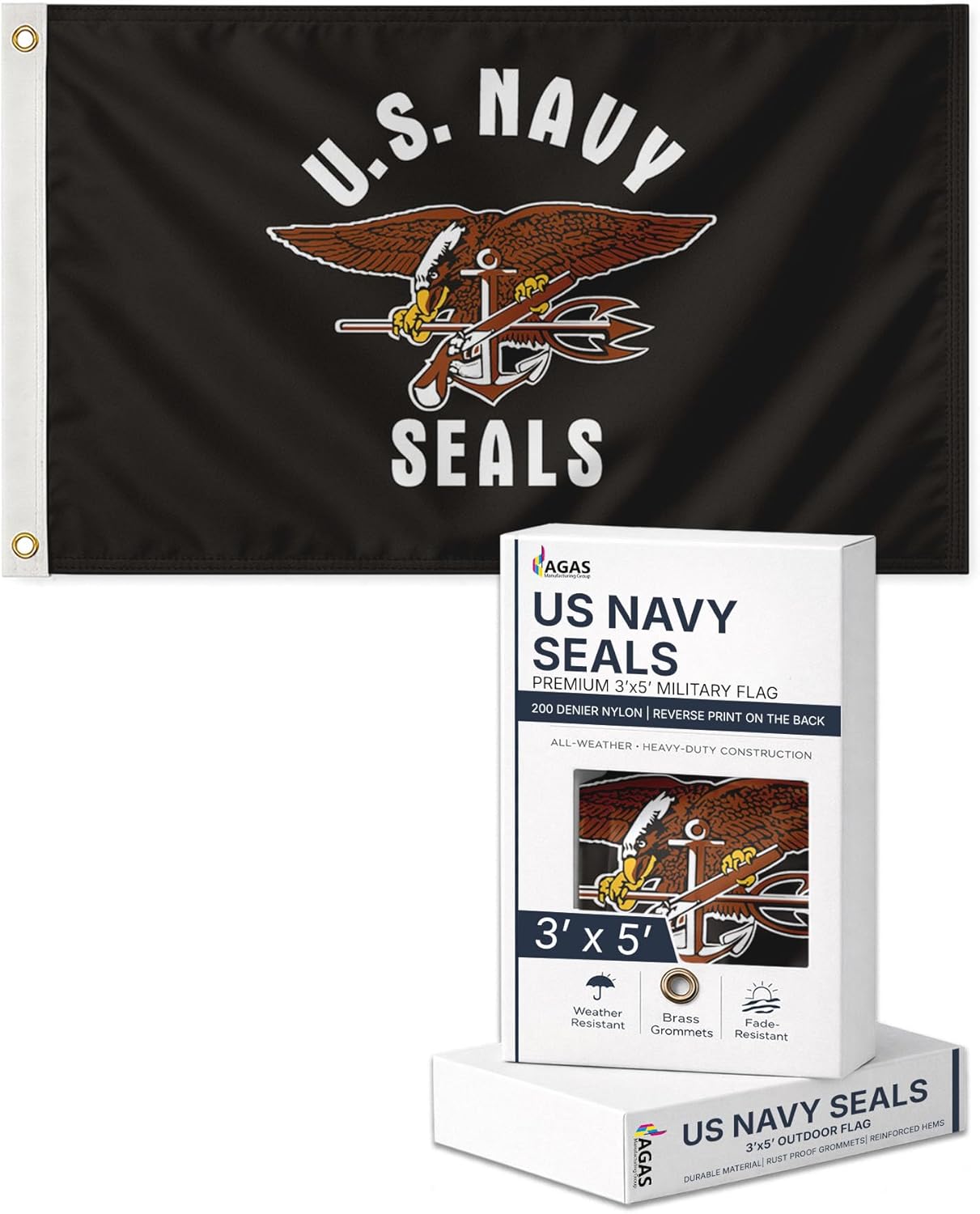 AGAS US Navy Military Seals Flag 3x5 Ft – Official Navy Emblem, 200D Durable Nylon, Single-Sided Print, Canvas Header & Brass Grommets – Outdoor/Indoor Patriotic Armed Forces Display Flag.