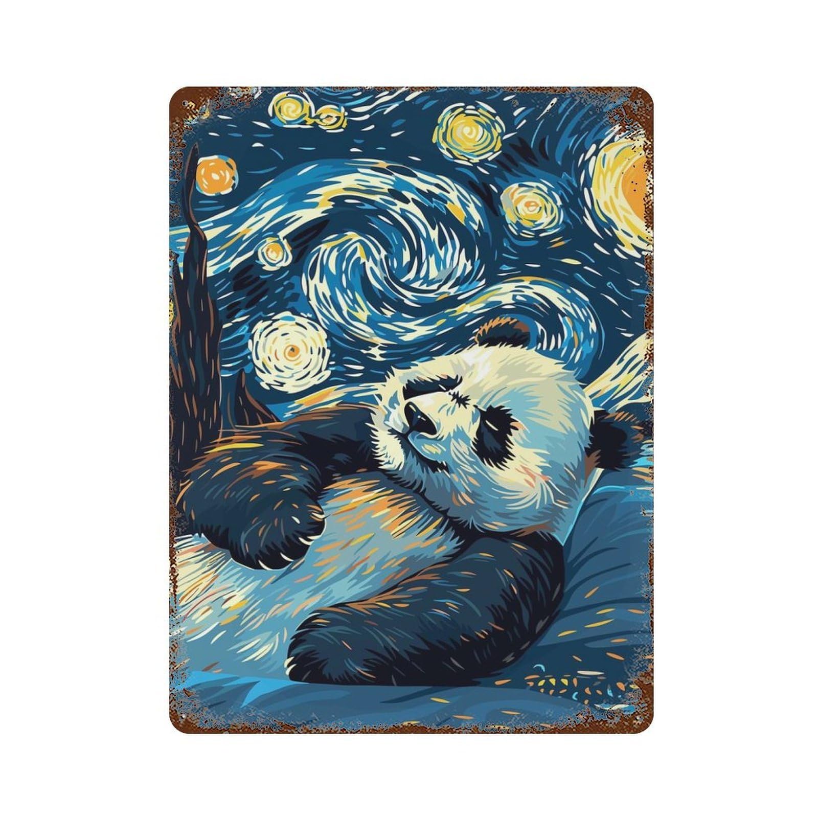Vintage Metal Tin Sign with Panda in Starry Night Style Design 15.7"x11.8", for Garage, Bar And Workshop Decor, Novelty Wall Decor