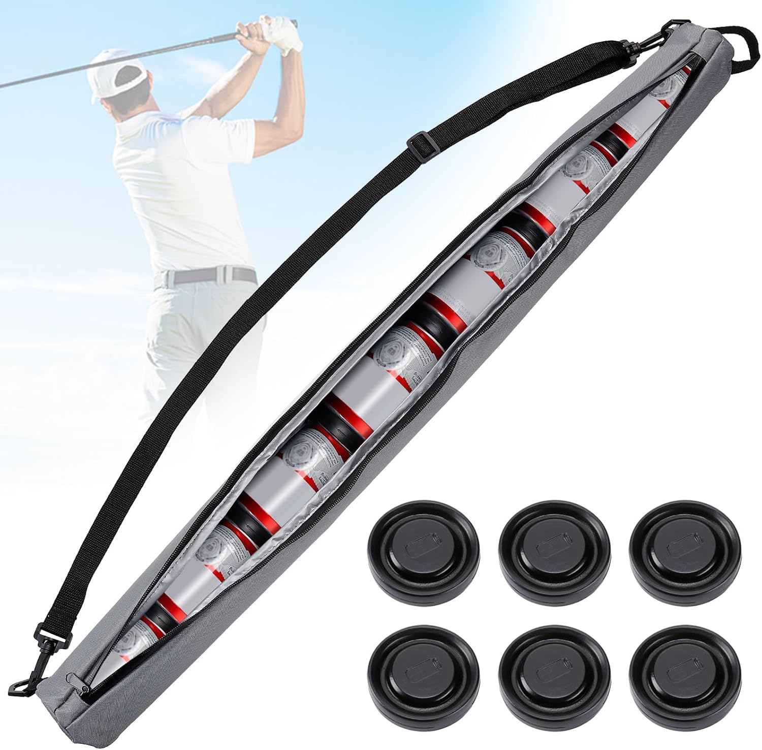 Golf Cooler Beer Sleeve with 6 Ice Pucks - Keep 7 Cans Beer Cold in Your Golfs Bag, Ideal Gifts for Men Golf Bag Accessories