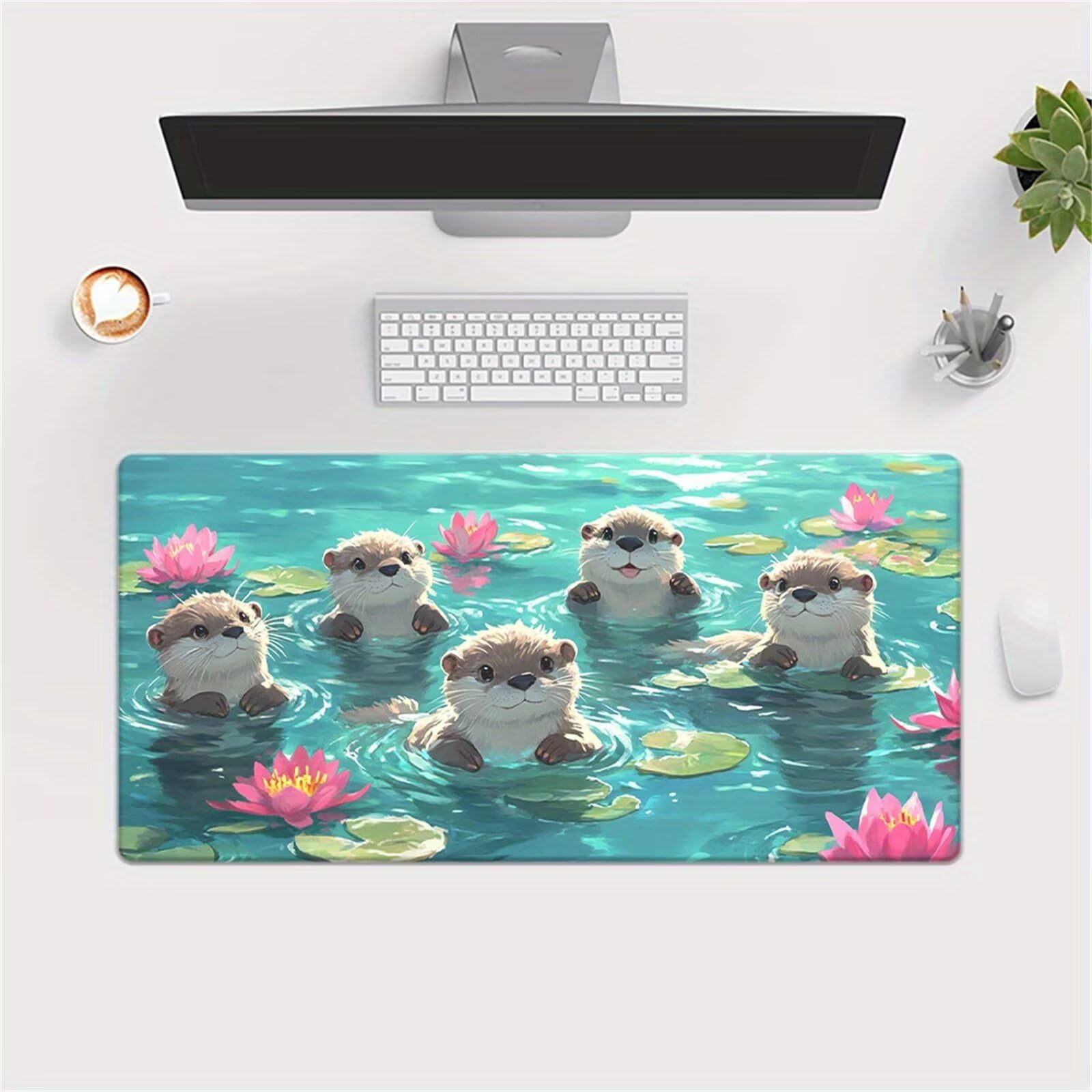 Tappetino per Mouse Gaming XXL 1200x600x2 mm, Mousepad Extra Large da Scrivania con Bordi Cuciti, Tappetino per Tastiera Antiscivolo, Superficie Ottimizzata per Sensori Ottici, Lontra Fiore Loto