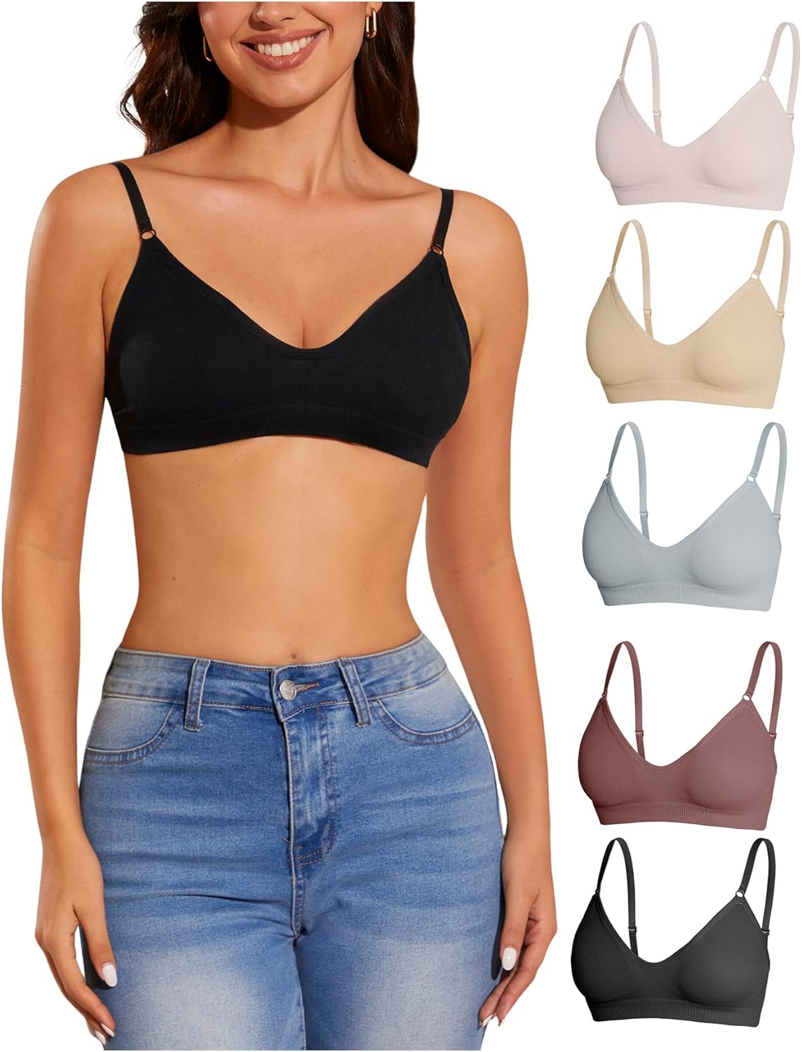 OYOANGLE Women's 5 Pieces Rib Knit Spaghetti Strap V Neck Wireless Bra Set Seamless Solid Plain No Padded Bralette