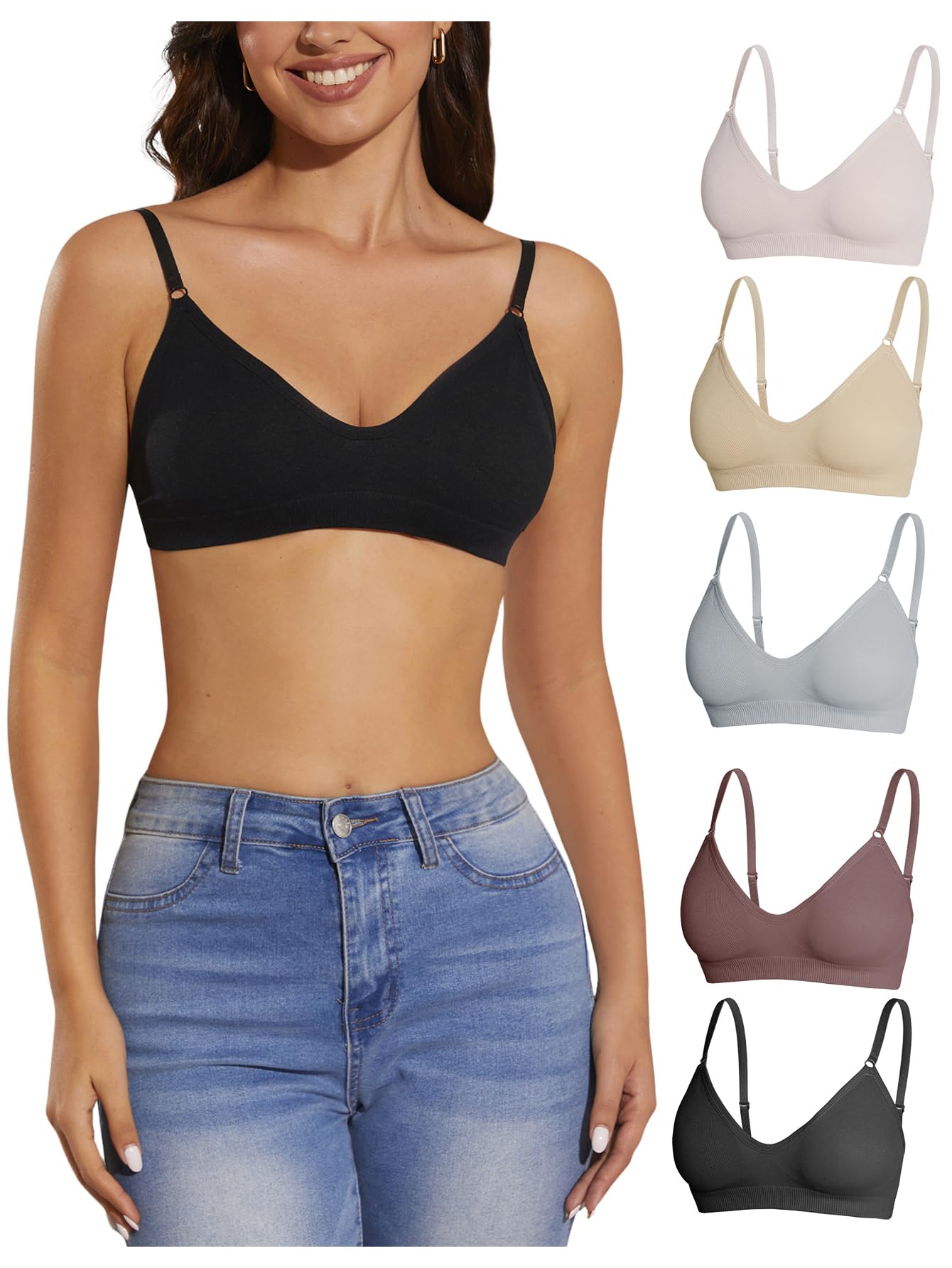 OYOANGLE Women's 5 Pieces Rib Knit Spaghetti Strap V Neck Wireless Bra Set