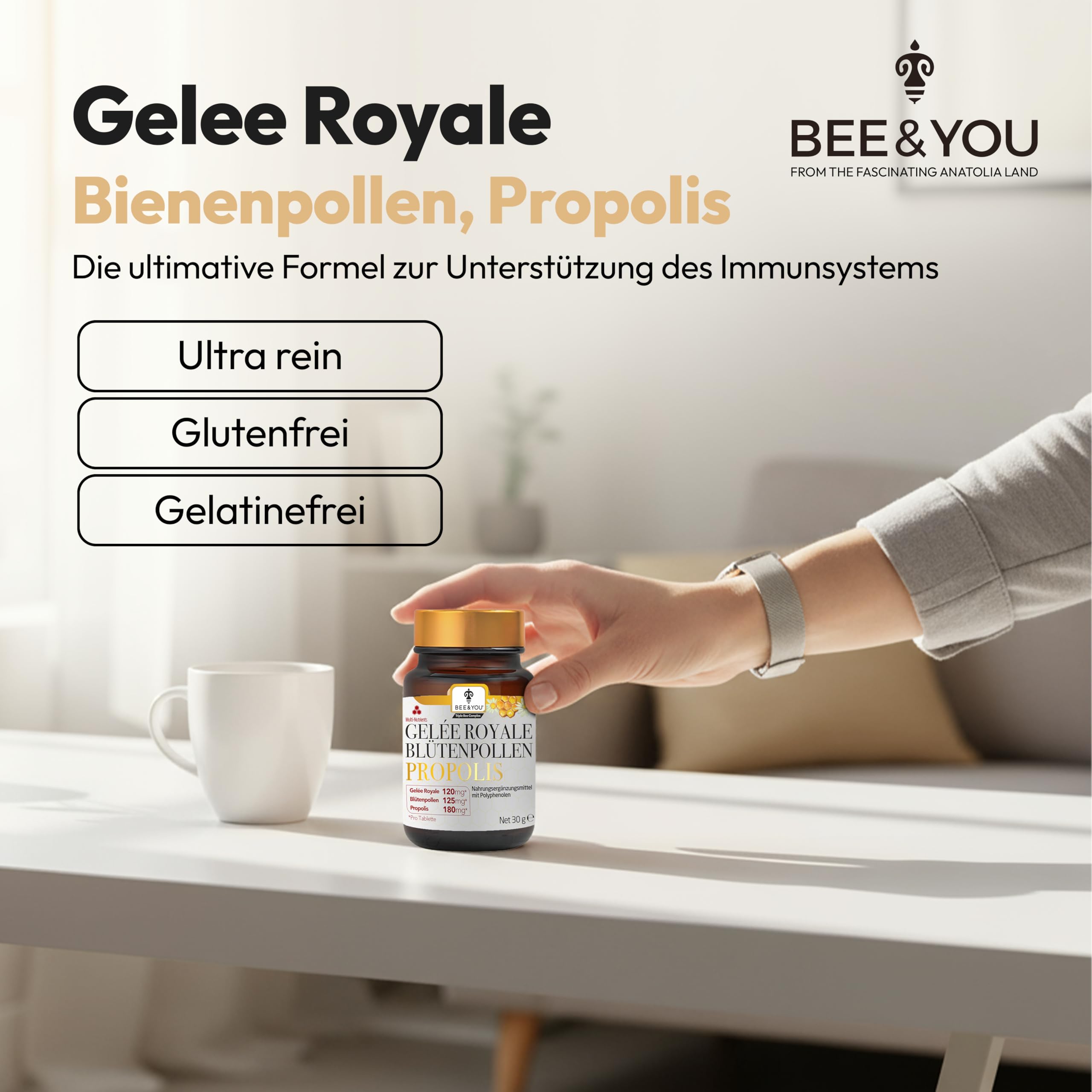 Bee&You Propolis,Gelée Royale,Blütenpollen Tabletten 500mg (60 Tabletten,Keine Zusatzstoffe,Fairer Handel,100% natürlich,ohne Zusatzsstoffe,hochdosiert, Schutzharz der Bienen,Kapseln,lange haltbar)
