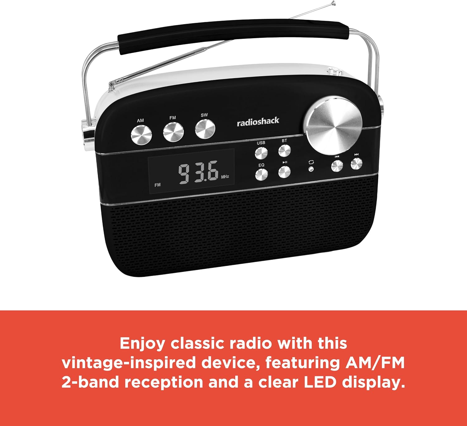 RadioShack Vintage Radio displaying FM frequency, with text 'Enjoy classic radio with this vintage-inspired device, featuring AM/FM 2-band reception and a clear LED display.'