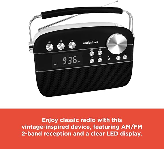 RadioShack AM/FM 2-Band Vintage Radio with Bluetooth Function and USB/TF Ports (White)