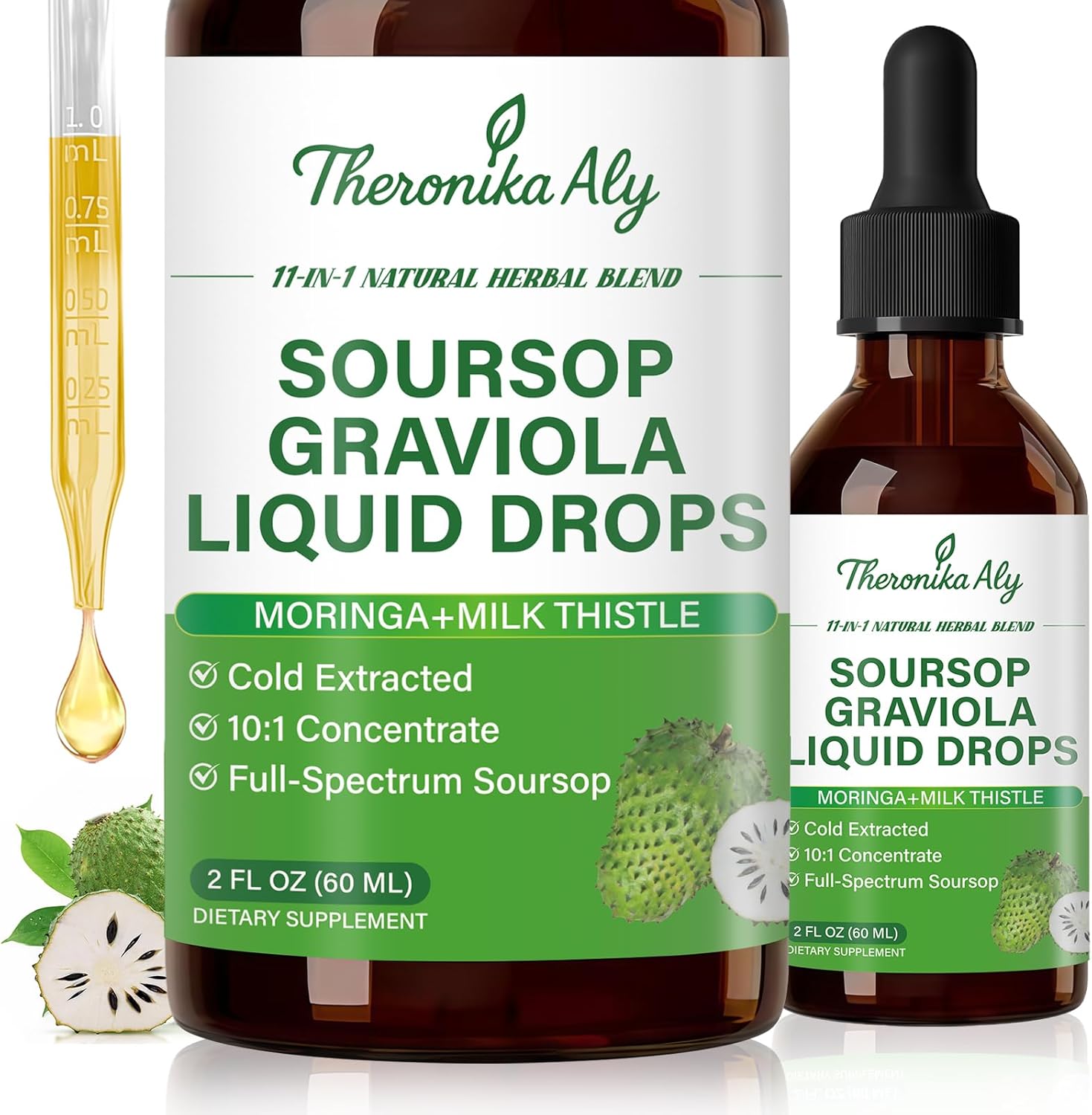 Soursop Bitters Liquid Drops 11-in-1 Herbal Blend with Soursop Extract, Sea Moss, Moringa, Turmeric, Black Cumin & Milk Thistle, Soursop Drops for Daily Wellness, 2 Fl Oz