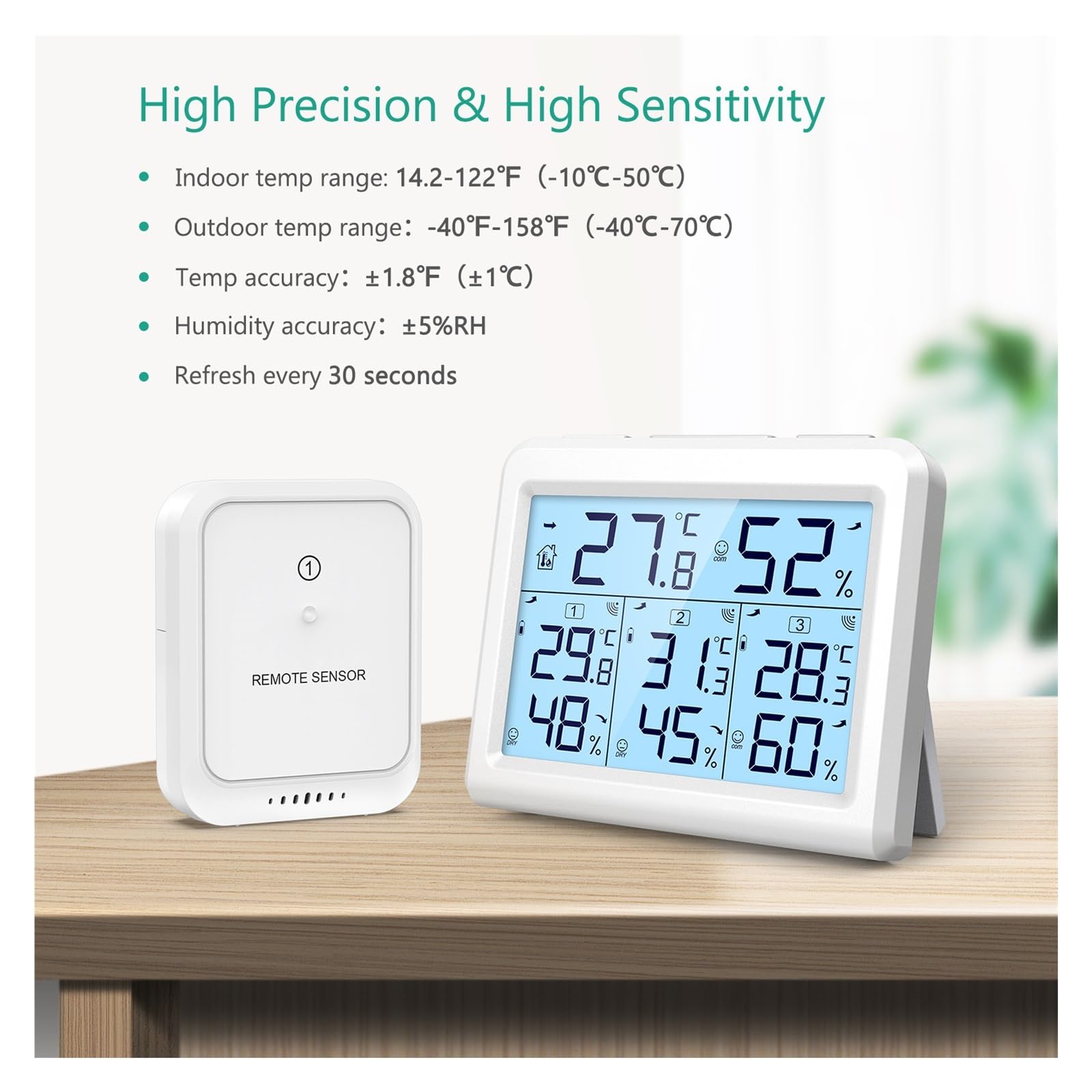 Termómetro Higrómetro Digital For Interiores Y Exteriores, Monitor Inalámbrico De Temperatura Humedad Con 3 Sensores Preciso Y FáCil De Leer