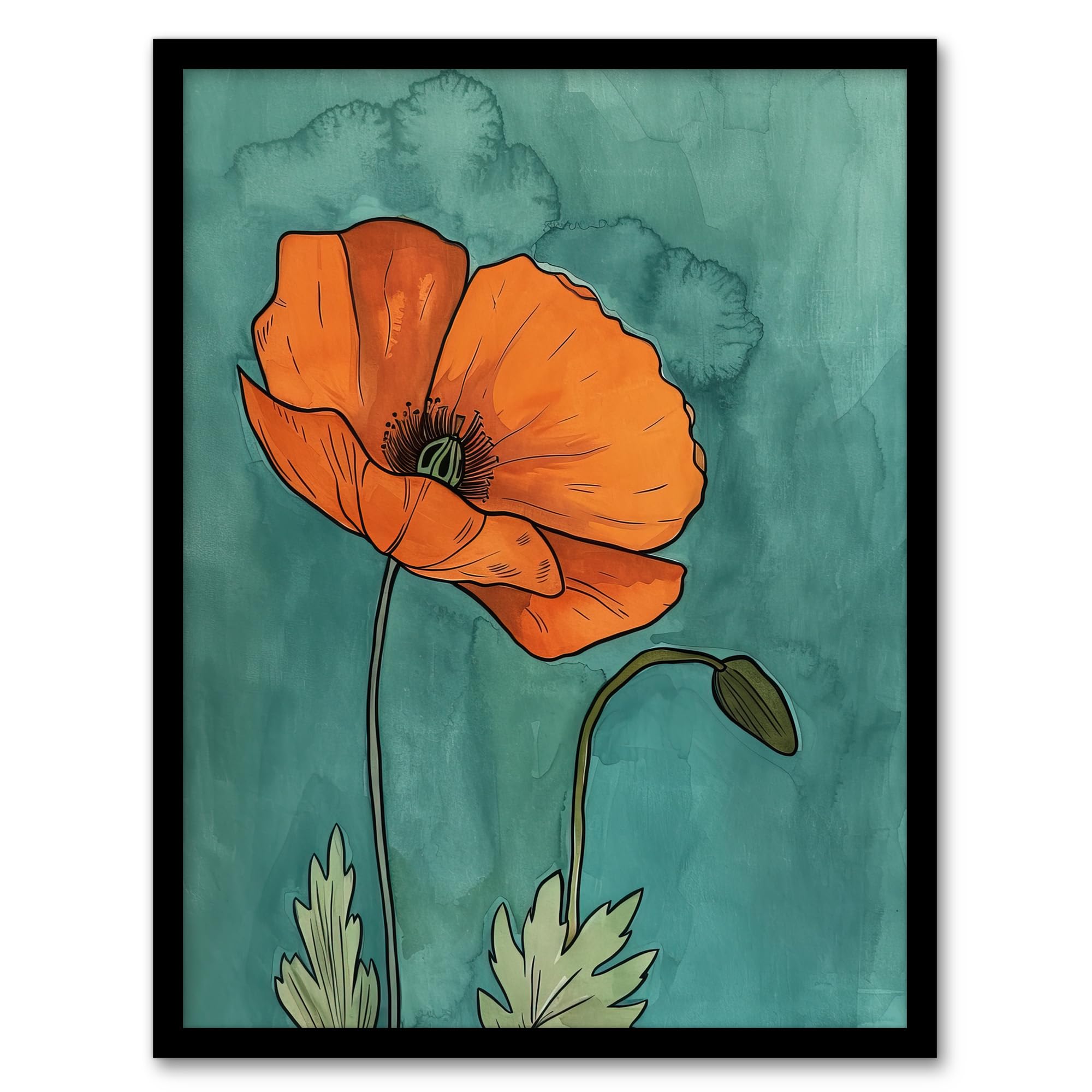 Artery8 Poppy Flower Bloom Teal Orange Floral Watercolour Living Room Artwork Framed Wall Art Print 18X24 Inch