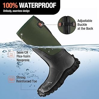 HISEA Upgraded Men's Rain Boots, Waterproof Insulated Neoprene Rubber Boots with Steel Shank, Durable Anti-Slip Outdoor Work Boots for Hunting Gardening Farming Fishing Mud Working, Adjustable Calf