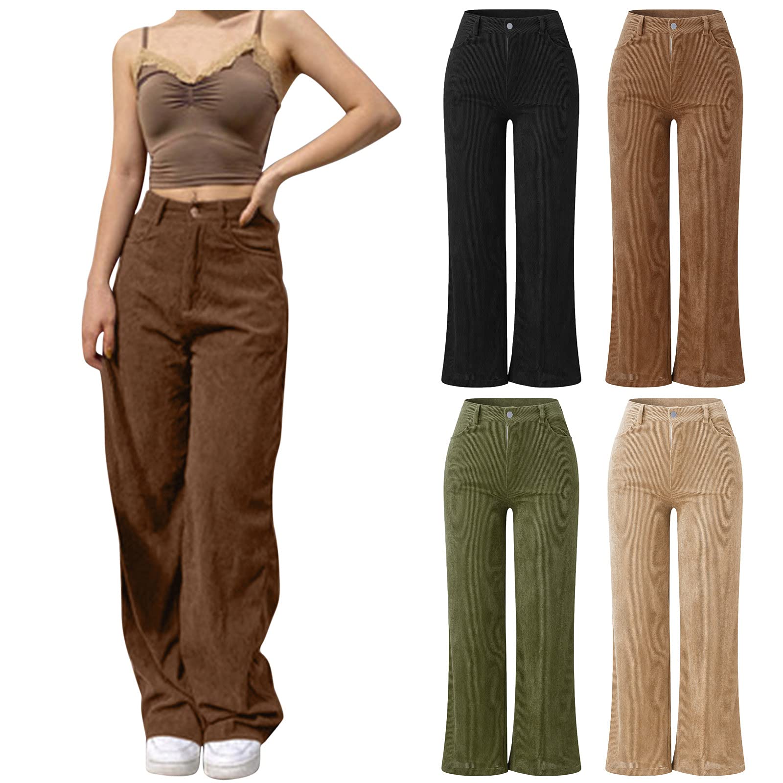 Pantalon Femme Velours Côtelé – Taille Mi-haute élastique, Coupe Décontractée Jambes Larges, Avec Poches - 2