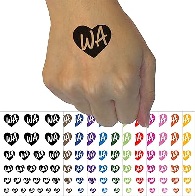 WA Washington State in Heart Temporary Tattoo Water Resistant Fake Body Art Set Collection - White (One Sheet)