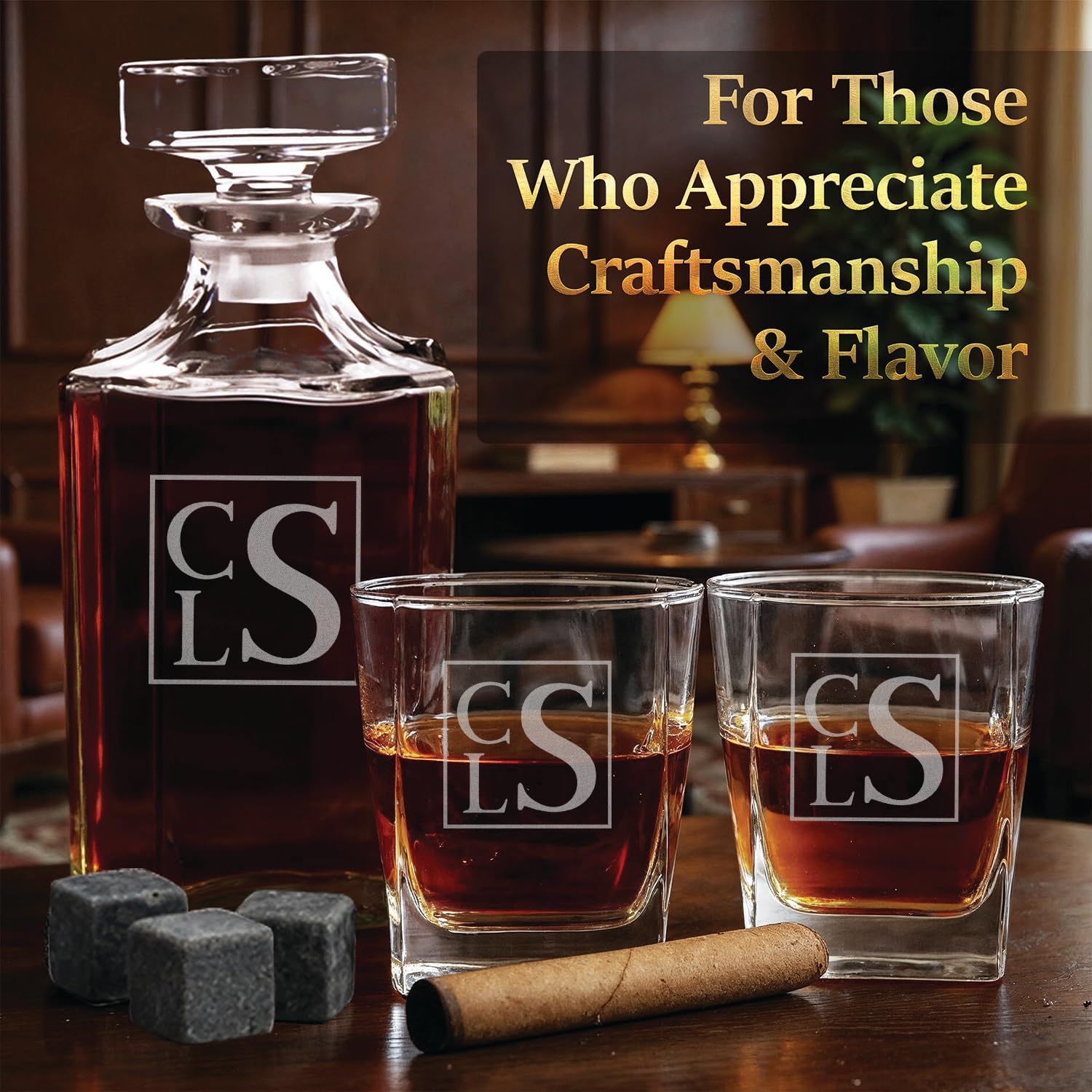 Custom Engraved Monogram 3 Initials Square Shape Whiskey Gift Set – 34 oz Liquor/Bourbon Decanter with 4 Glasses, Whiskey Stones & Tongs – Premium Whiskey Gift for Men, Husband, Dad