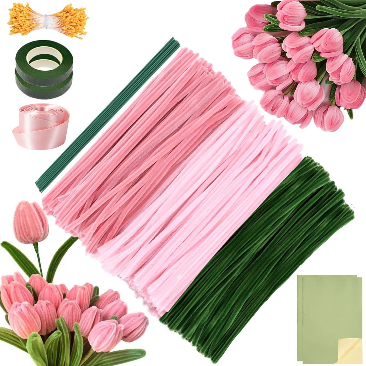 300 PCS Pipe Cleaners for Craft Flowers, Wire Sculpture Chenille Stems with Flower Stems, Stamens, Floral Tape & Ribbon for DIY Art & Craft, Creative Handmade Decoration for Kids Adults Handmade Gift