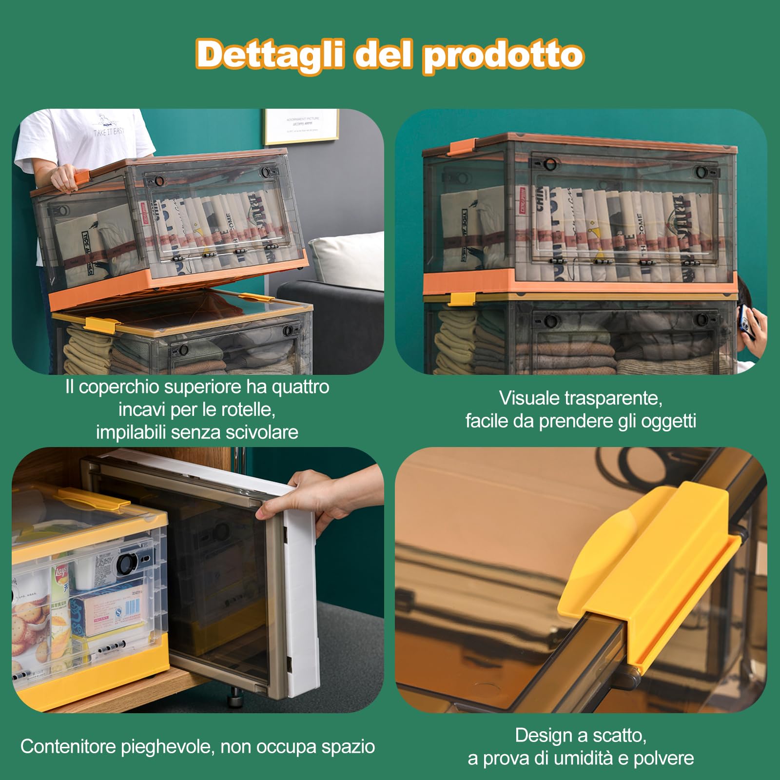 Ergocar Scatole Immagazzinaggio Plastica Pieghevole, Impilabili Scatola Organizer Trasparente, Scatole Pieghevoli con Coperchi e Ruote Nella, per Auto, Armadi, Casa, Ufficio