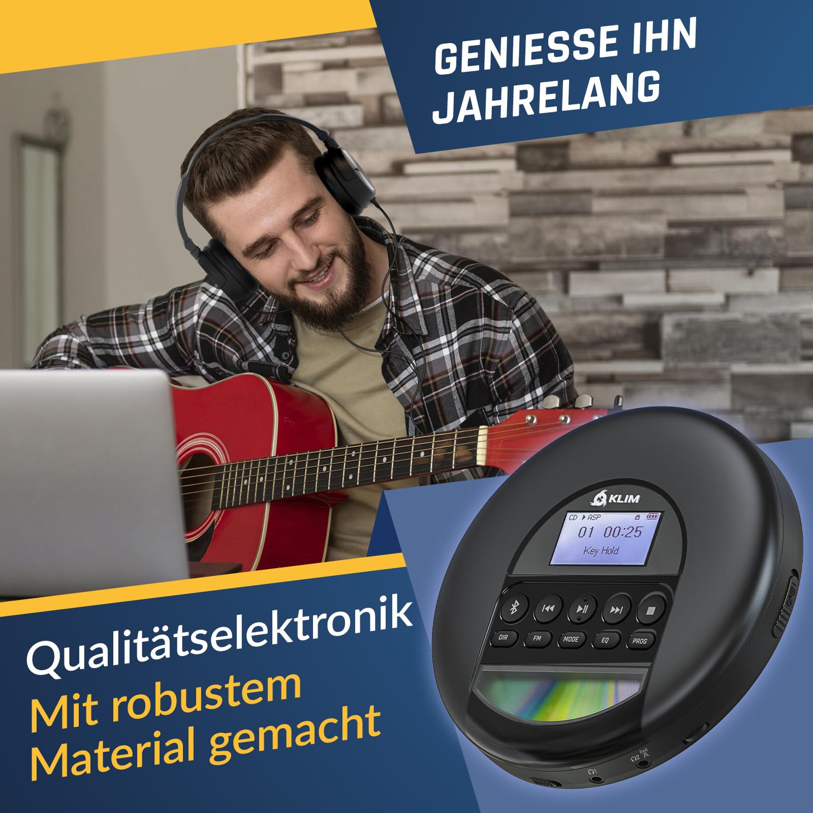 KLIM NomadCD Player Bluetooth - tragbare Discman mit langlebigem Akku - inklusive Kopfhörer - MP3, CD-R, CD-RW - TF-Reader, Radio FM - ideal für Autos