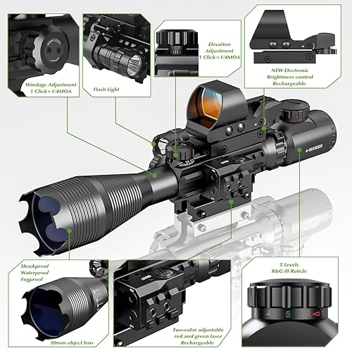 Vista 20 de 4-12/16x50EG Combo de alcance de rifle doble iluminado rojo/verde con láser verde/rojo 4 modelos retícula holográfica punto rojo para montaje en riel