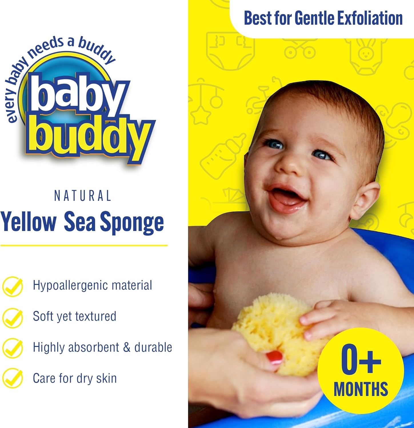 Baby Buddy Baby Care Bundle; 1 Pack of Natural Yellow Sea Sponge, Newborn Bath Time Essential, 4 Straps of Secure-A-Toy for Stroller, Highchair, and Car Seat - Royal Orange Gray Black