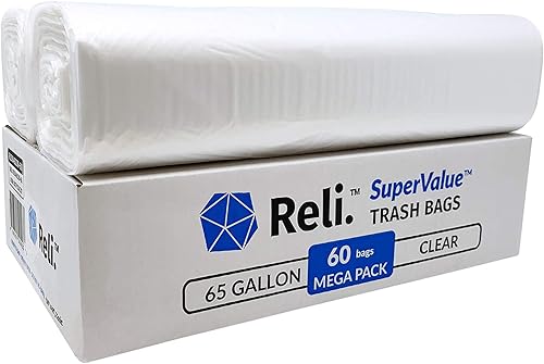 Miniatura 7 de Reli. SuperValue - Bolsas de basura de 65 galones, 60 unidades, fabricadas en Estados Unidos, resistentes, bolsas de basura transparentes multiusos
