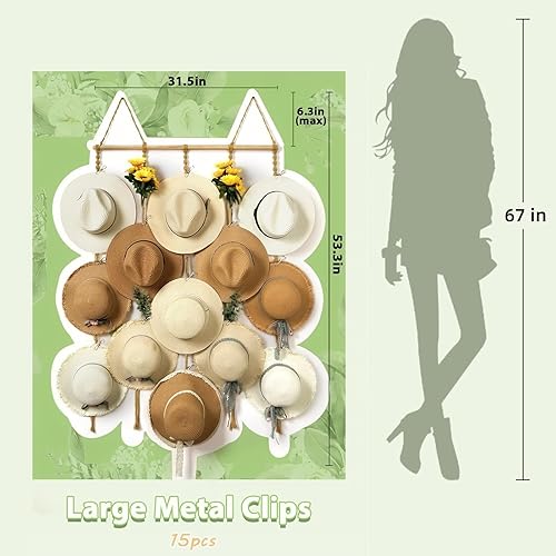 Miniatura 4 de Organizador de sombreros de macramé para pared, 15 clips de 31 x 53 pulgadas, ganchos grandes para sombreros de Fedora, para almacenamiento de
