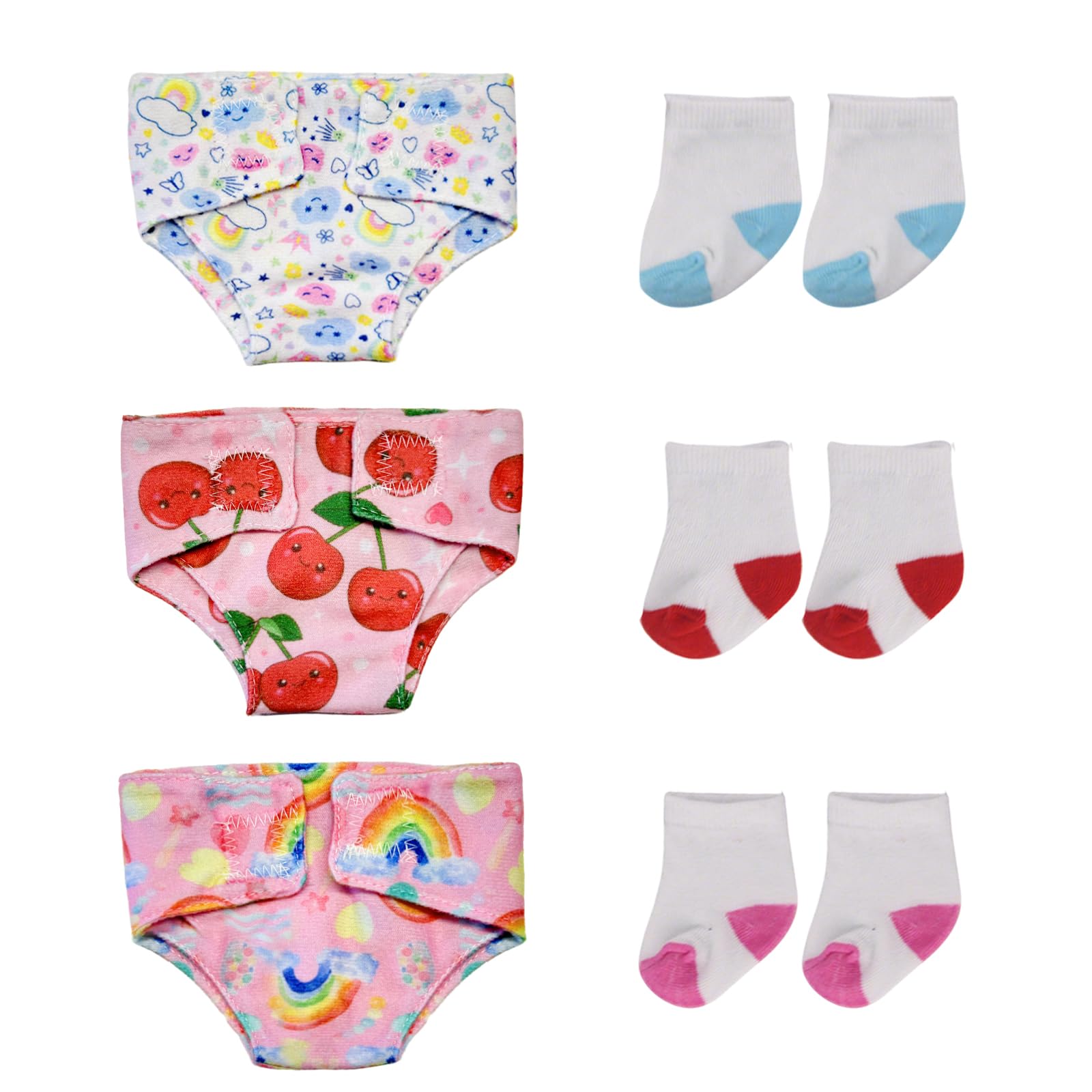 Puppenkostüm-Accessoires 3 Doll Panties & 3 Pairs of Doll Socks Set for Baby Dolls 30-43 cm (12-18 inches), Reusable Doll Accessories with Cute Cherry/Rainbow/Cloud Pattern for Pretend Play