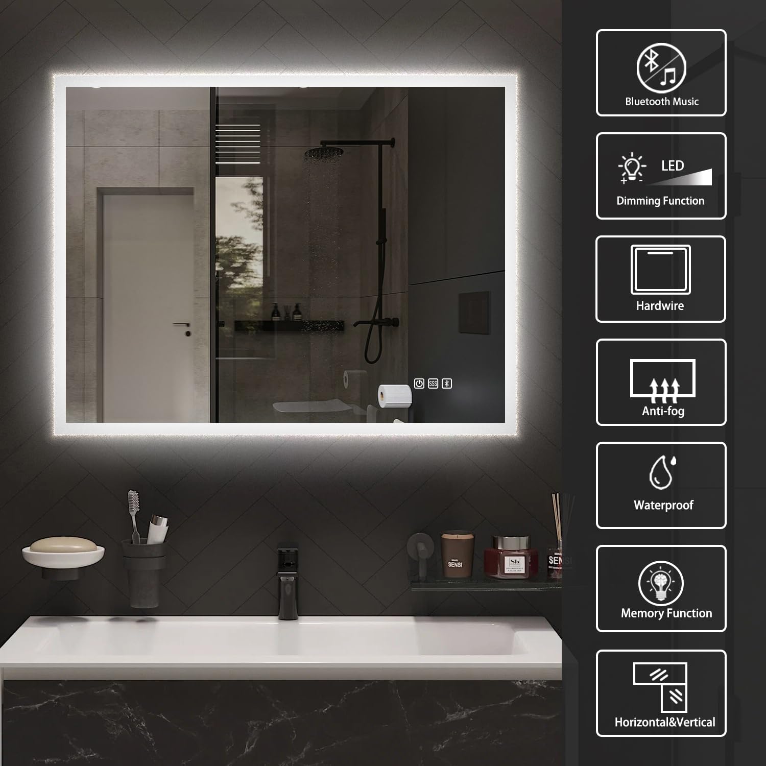 S'bagno 36x28 Bathroom Mirror with Lights, Wall-Mounted Vanity LED Bathroom Mirror, Horizontally/Vertically Hangings Mirror with Bluetooth Speaker, Acrylic Frame, Dimming, Color Changing, Anti-Fog