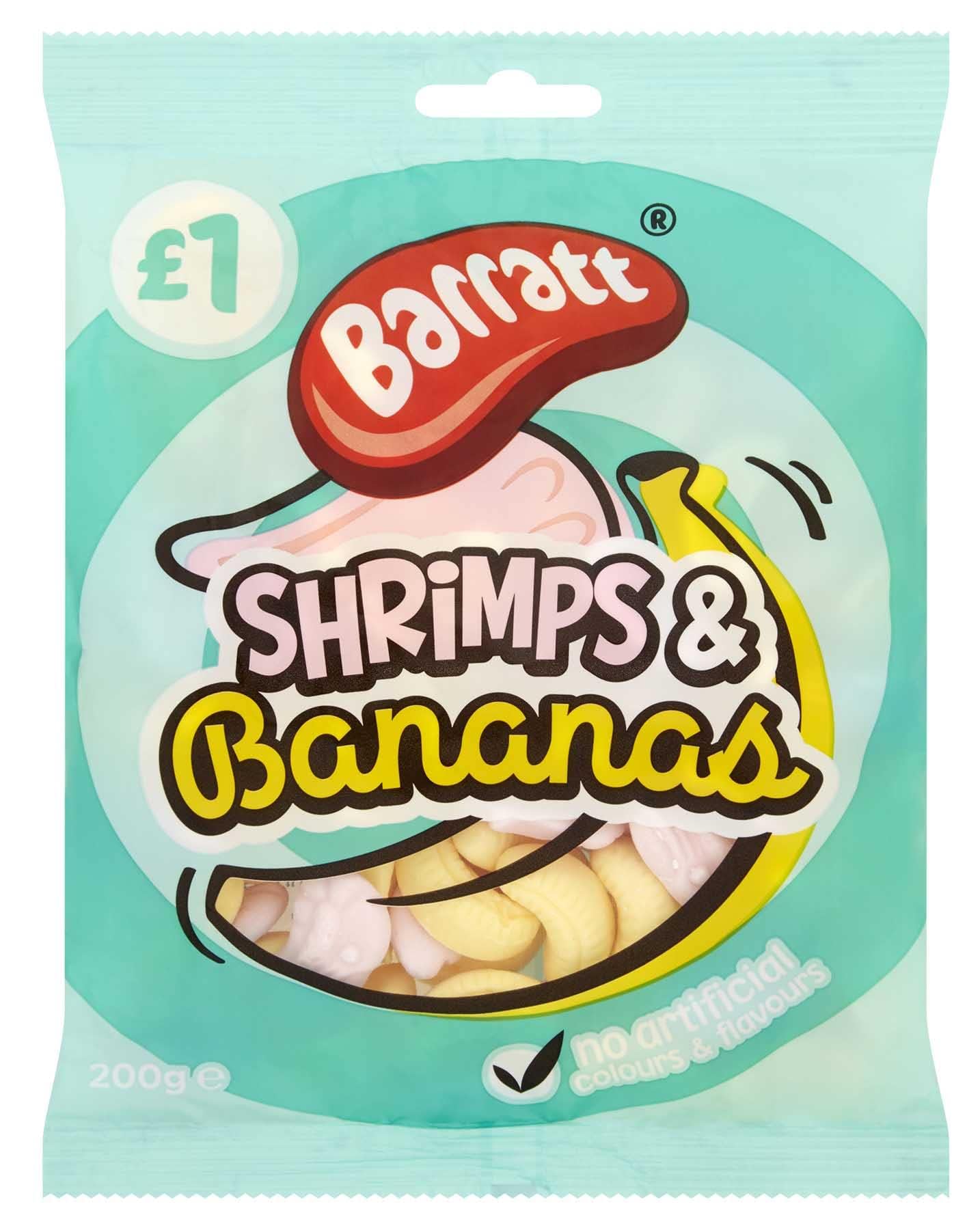 Barratts Sweets Assorted Candy Bags, Packs of 12 (Foam Shrimps & Bananas)