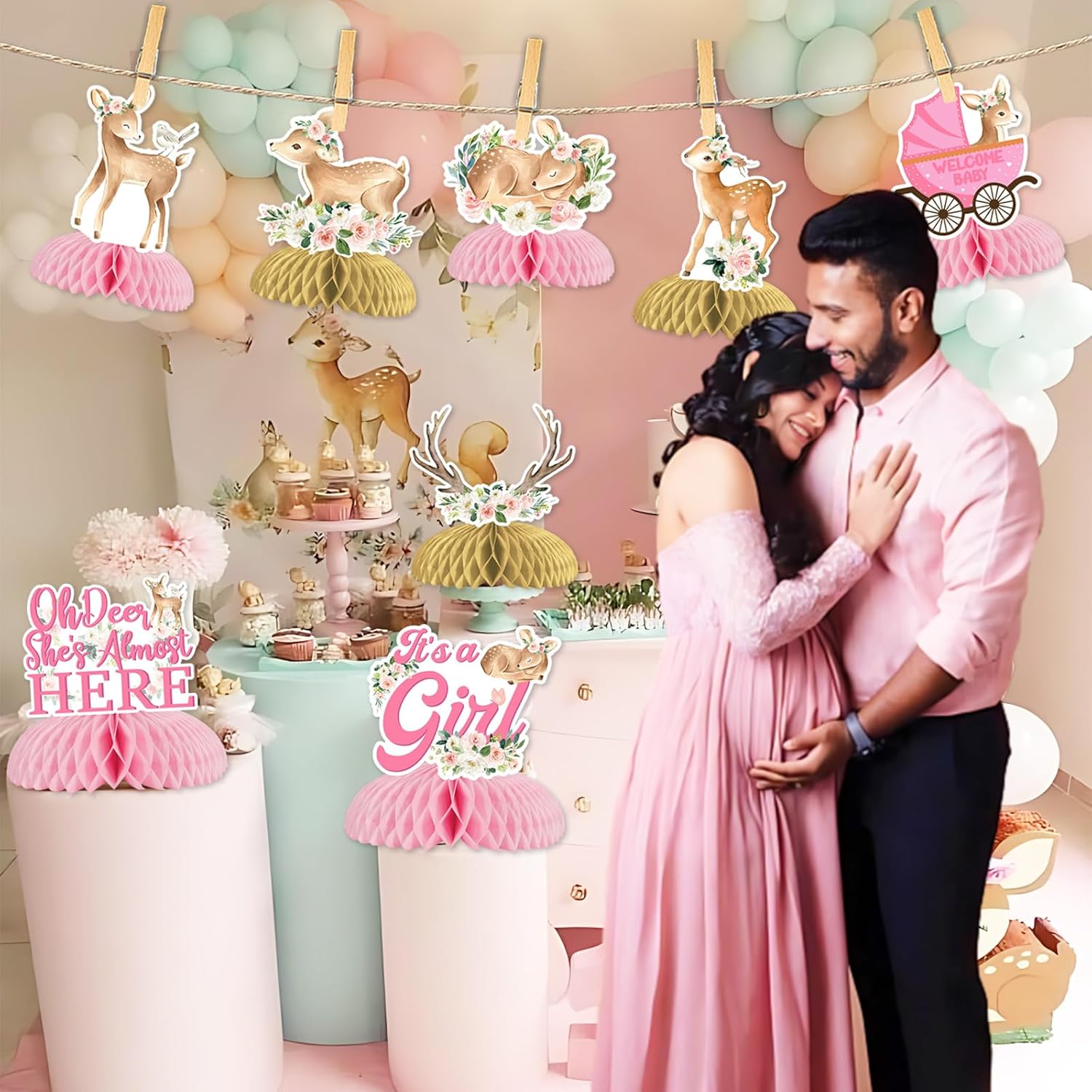 8Pcs Deer Baby Shower Honeycomb Centerpieces, Pink Oh Deer She's Almost Here with It’s a Girl Floral Table Centerpieces for Newborn Girl Baby Shower Gender Reveal Party