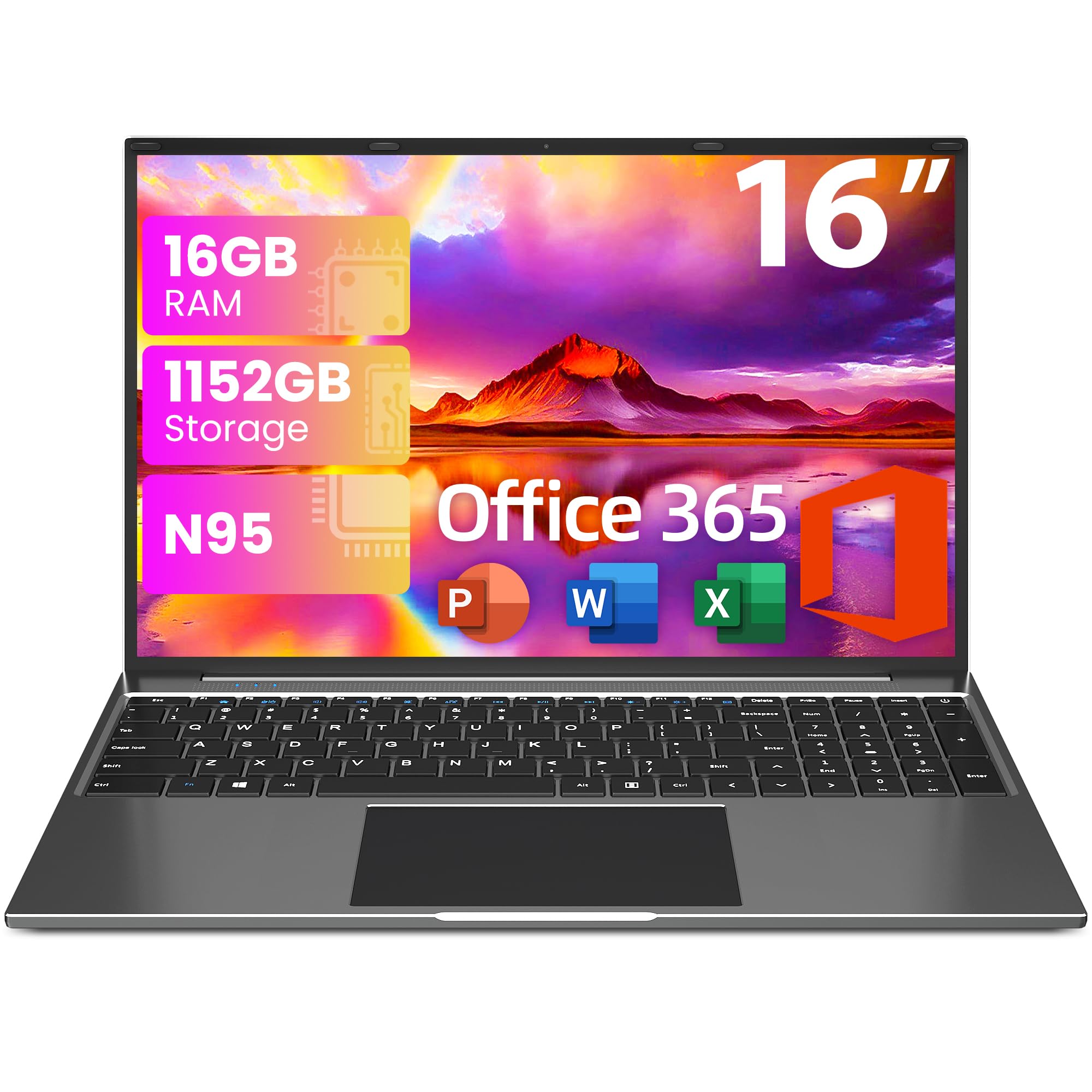 jumper Laptop Computer 16 Inch, Office 365, Laptops with 16GB RAM, 1152GB Storage, FHD IPS 1920x1200 Display, 12th N95 CPU(Up to 3.4GHz), 38WH Battery, 2 Speakers, Mini HDMI, 16:10.