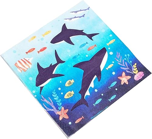 Miniatura 6 de Servilletas de papel de tiburón para suministros de fiesta de cumpleaños (6.5 x 6.5 pulgadas, paquete de 100)