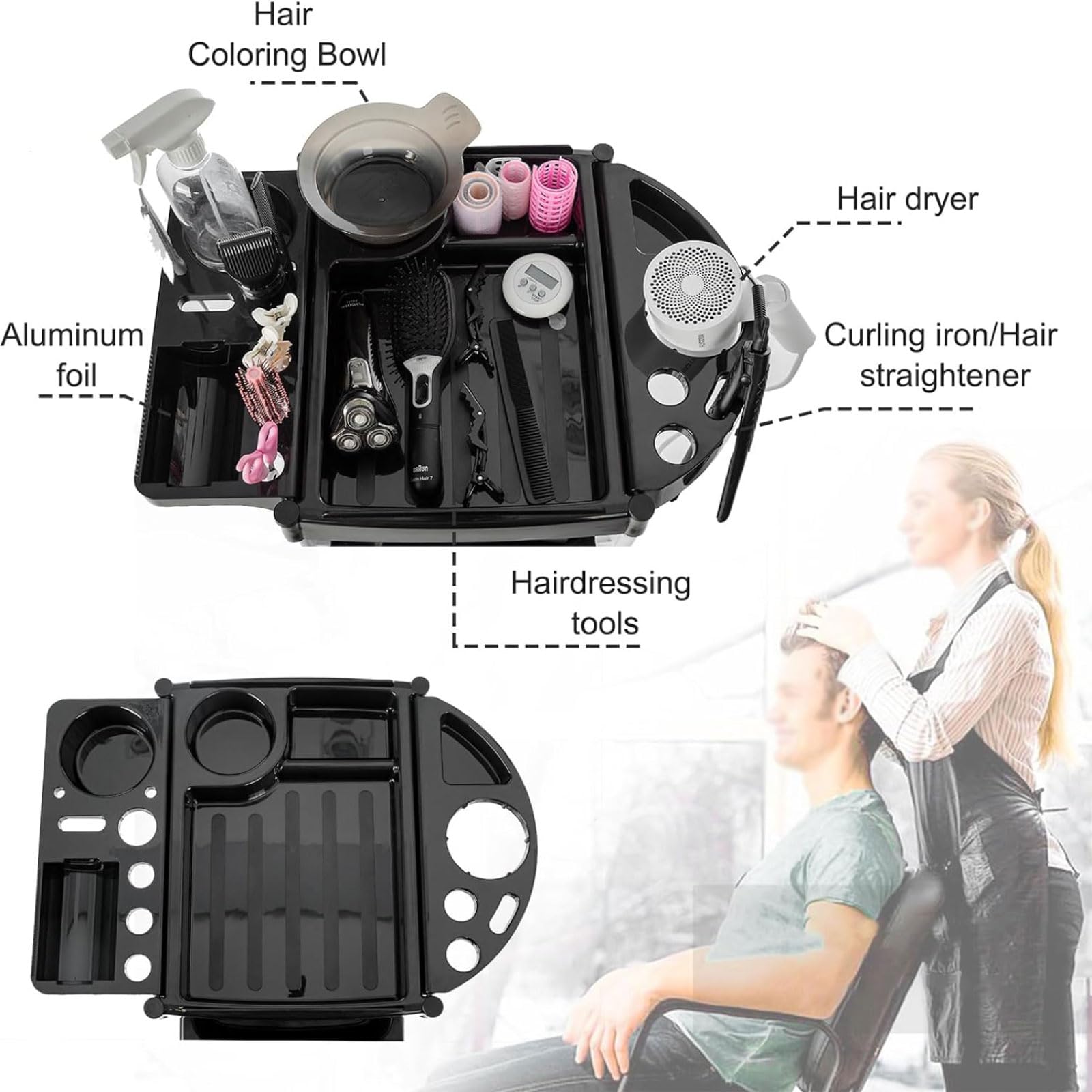 Carrello per estetista con ruote Carrello per salone con 5 cassetti Nero con motivo Carrello per parrucchieri, bellezza, tatuaggi