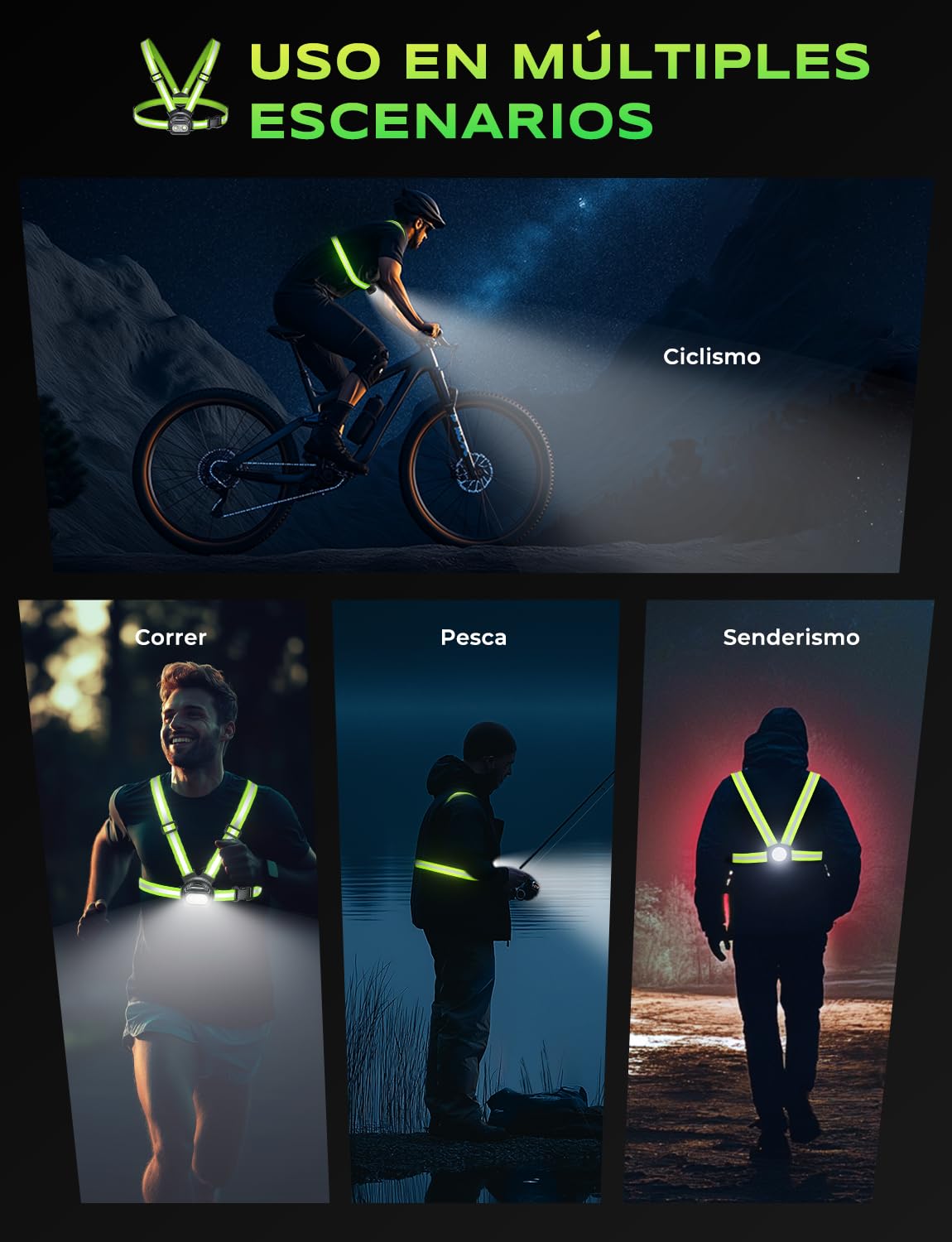 Luz Running, 500LM Linterna LED para Correr de Noche con Correas Dobles Reflectantes 360°, 7 Modos & 45° Ajustable, 3.5-20H Tiempo de Uso, Impermeable IPX4 Luces Pecho para Caminar/Ciclismo