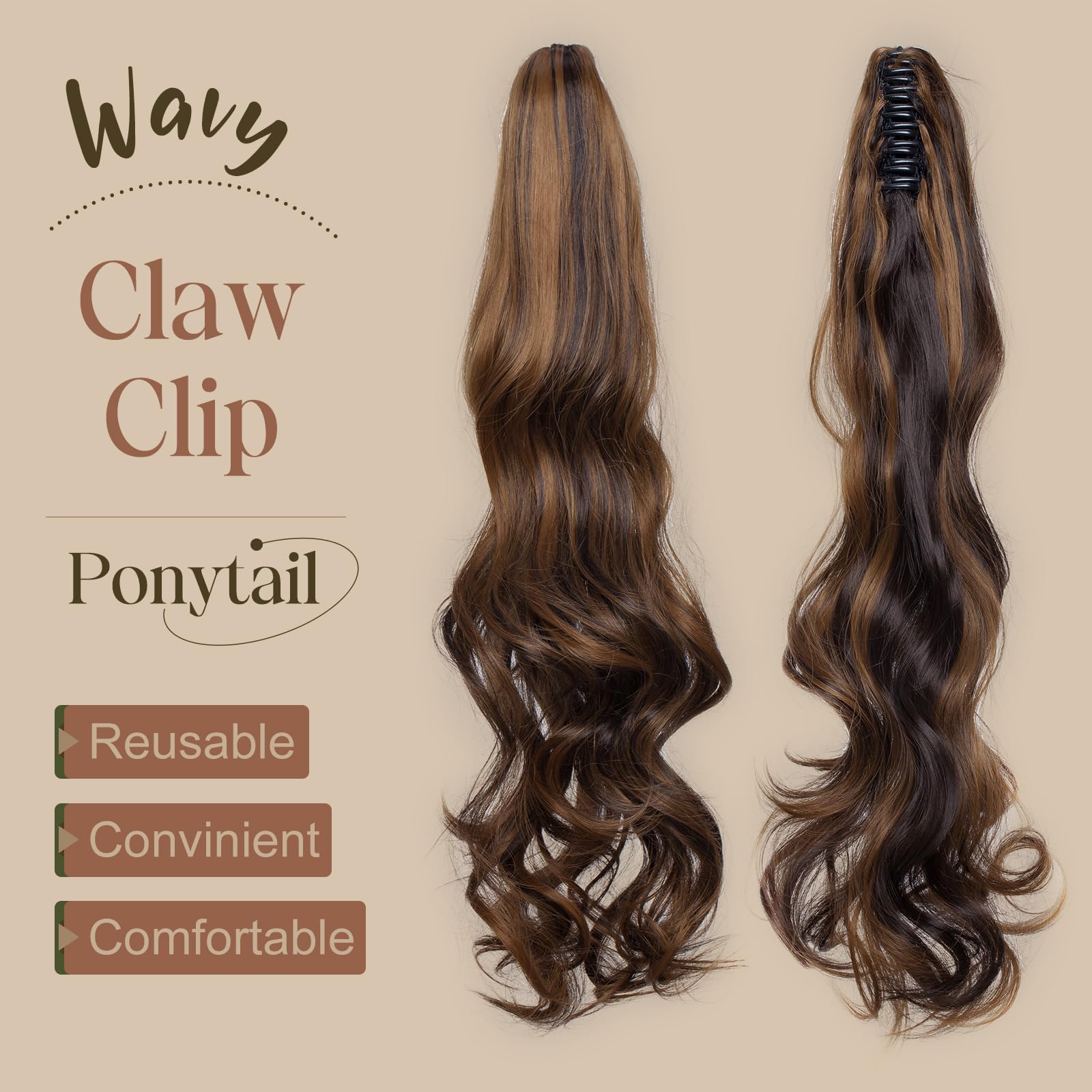 TESS 24 Inch Claw Clip Ponytail Hair Extensions Curly Wavy Ponytail Extension #Dark Brown Mixed Sandy Blonde Hair Extension for Women 150g - Image 2