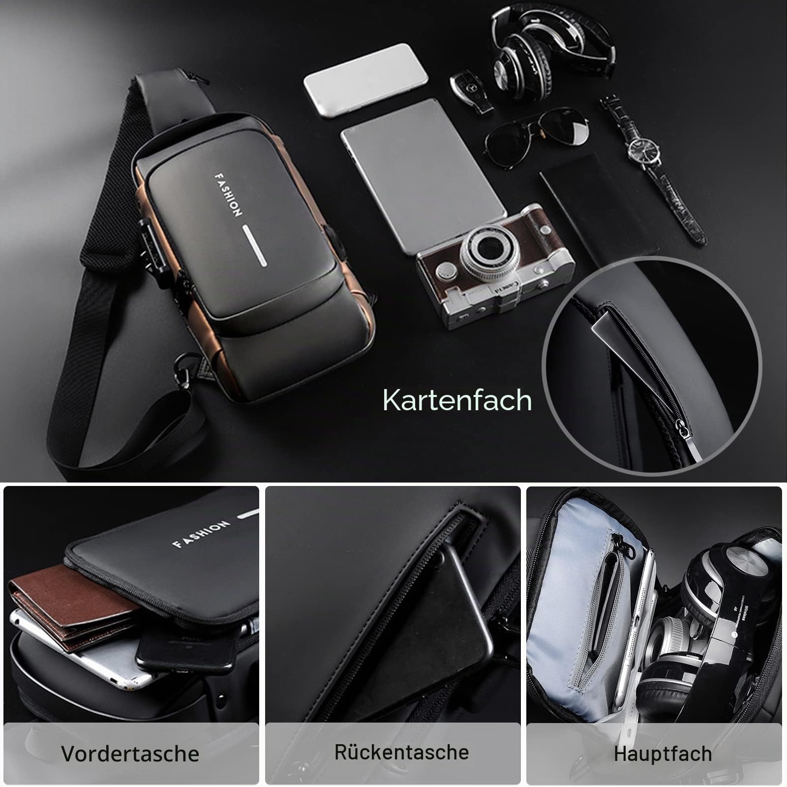 FANDARE 2026 Neue Brusttasche Sling Bag Geschäft Schultertasche mit USB Passwortschutz Crossbody Bag Umhängetasche Wasserdicht für Reisen Wandern mehrere Taschen Sling Daypacks Schwarz Braun