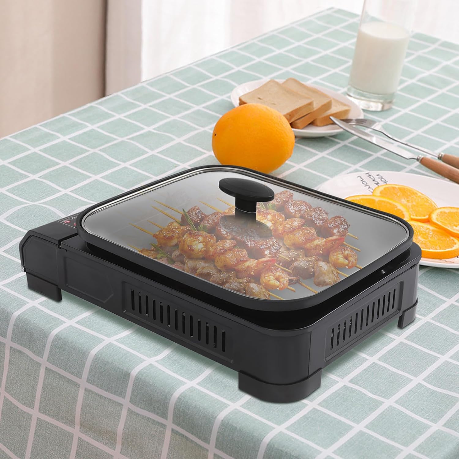2.1KW Butane Stove with Pan & Lid, Black Stainless Steel Portable Cooktop Stove, for Outdoor Camping Gatherings Patio Backyard Hiking Grilling Roasting,17.71 * 12 * 3.34 in