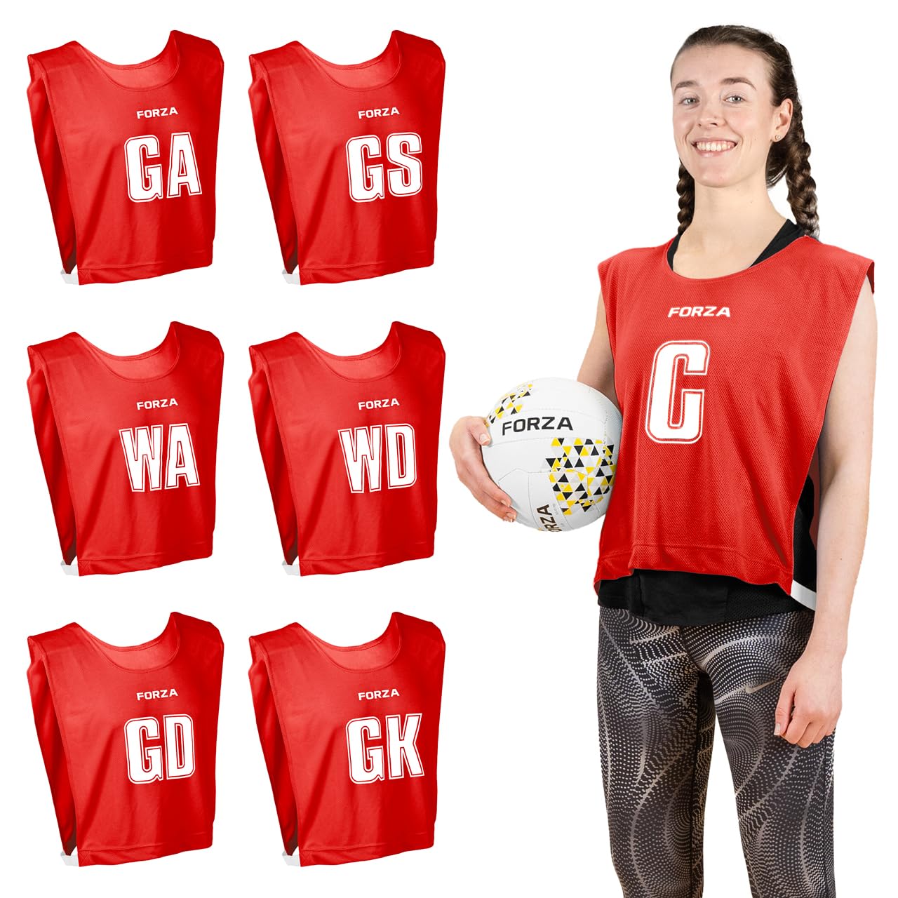 FORZA Pro Netball Bibs [7 Pack] | Full Netball Player Position Bib Pack Available in 7 Colours - Breathable and Comfortable Bibs for Schools & Clubs (Red, Small)