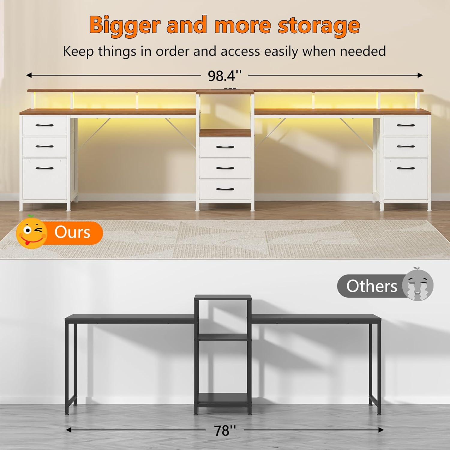 YOMILUVE 98.4" Long Computer Desk with 9 Drawers, 2 Person Gaming Desk with LED Lights & Power Outlet, Two Person Home Office Desk with Storage, Printer Shelf ＆ Monitor Stand, Brown and White