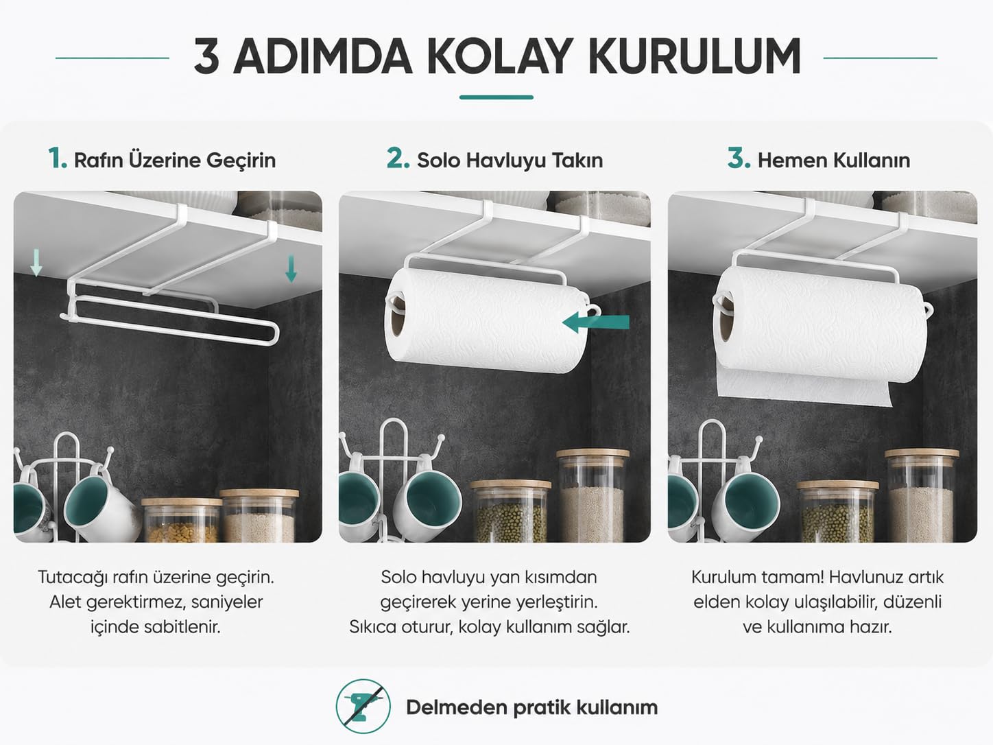 Alper Banyo BPratik Solo Havluluk Beyaz, Dolap Altı Kağıt Havlu Tutucu, Delmeden Montajlı Mutfak Rulo Havluluk, Askılı Metal Düzenleyici