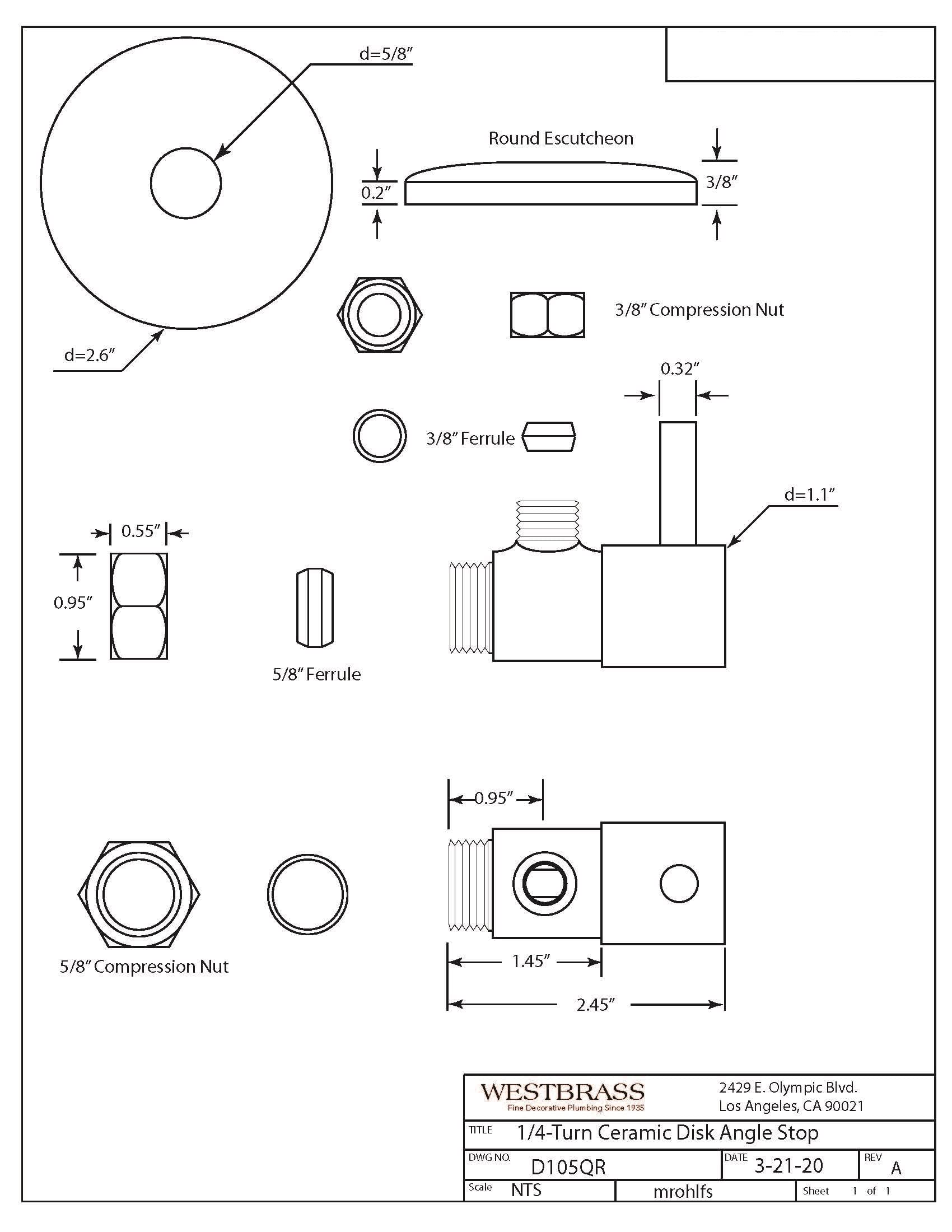 Westbrass A105QR-62 - Palanca redonda de 1/4 de giro, tope de ángulo de 1/2 pulgada, cobre x compresión de 3/8 pulgadas, negro mate