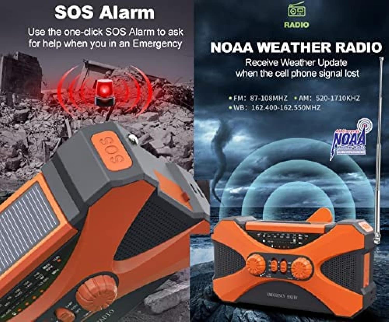 Radio A Carica Manuale di Emergenza Am FM Radio Portatile A Manovella Solare con Batteria Ricaricabile Torcia Luminosa Sensore di Movimento Lampada da Lettura Allarme SOS Jack per Cuffie, Green