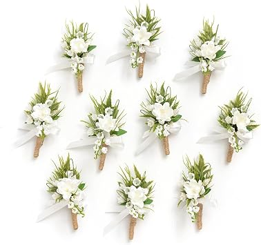 Lings Moment Boutonniere for Men, 10pcs Groomsmen Guest Boutonniere with Built-in Pins, Artificial Flowers for Wedding Decor/Prom/Homecoming,etc.White Lily Valley