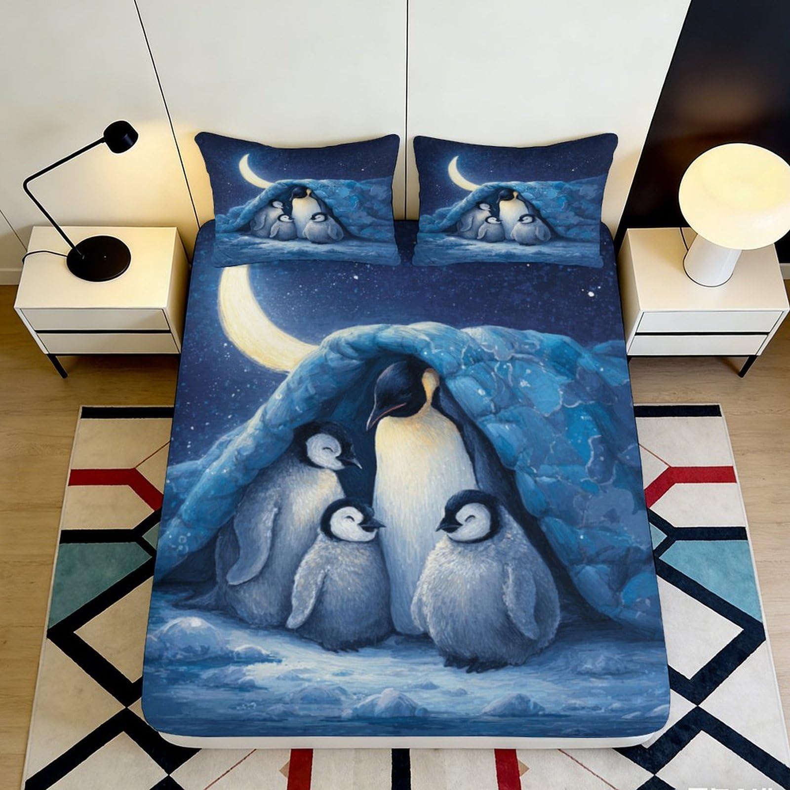 Pnayamiorkfel Style-1 3D Printed Moon Night Penguin Fitted Sheet Microfiber Soft Anti-Slip Bed Cover For Bedroom Guest Room Decor Easy Care 90X200x25cm