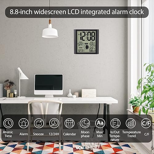 Miniatura 6 de Reloj de pared atómico con temperatura interiorexterior, pantalla de números grandes, silenciosa, funciona con pilas, relojes digitales analógicos