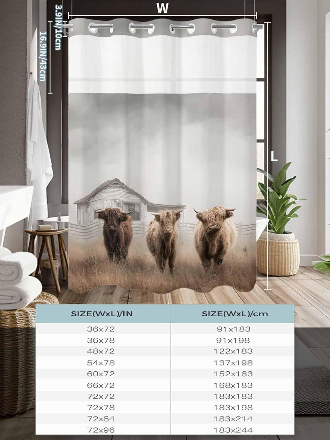 Prime Leader Highland Cows No Hook Shower Curtain with Snap in Liner Retro Farmhouse Animals Fence Barn Shower Curtain for Bathroom, Fabric Waterproof Inner Liner with Mesh Top Window, 72x84