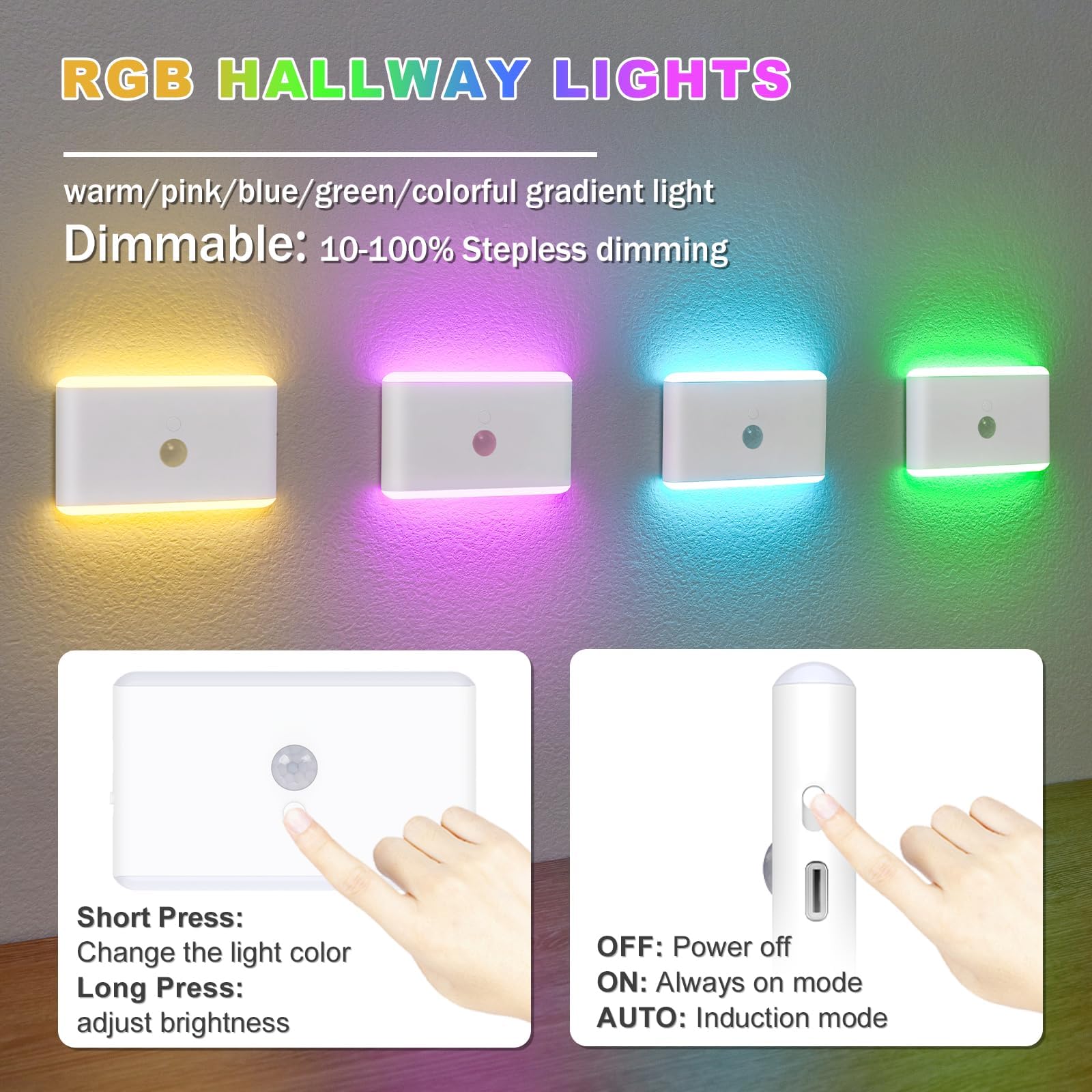 AVEKI Motion Sensor Night Light, 7 Colors Rechargeable LED Night Light with Dusk to Dawn Sensor, Dimmable Mini Stair Lights Hallway Light, Small Wall Lights for Bedroom Bathroom Closet Stairway (2PC) - Image 3