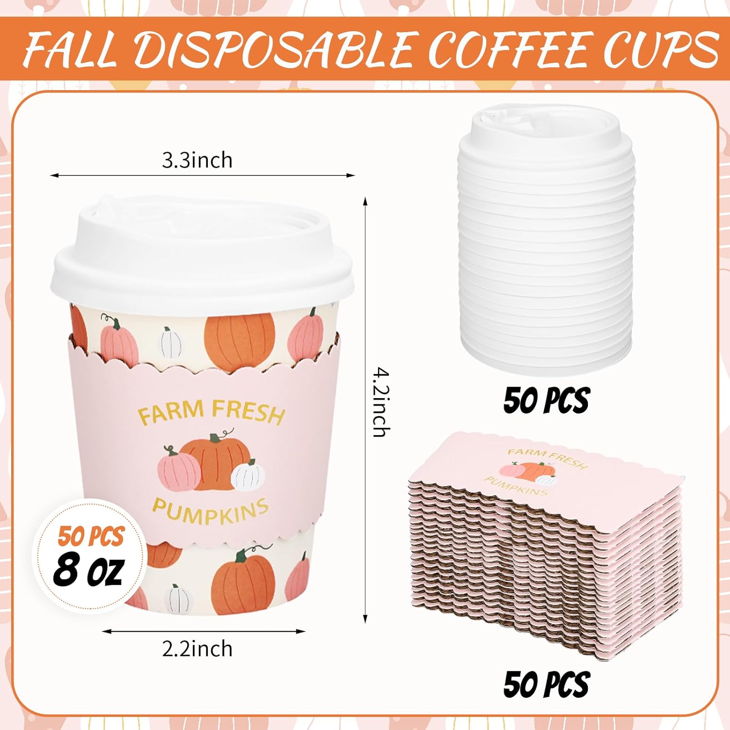 FYSUIMU 50Pcs 8Oz Fall Thanksgiving Disposable Coffee Cups with Lids and Sleeves Cute Pink Orange Pumpkin Paper Drinking Cups for Autumn Home Picnic Travel Office Business