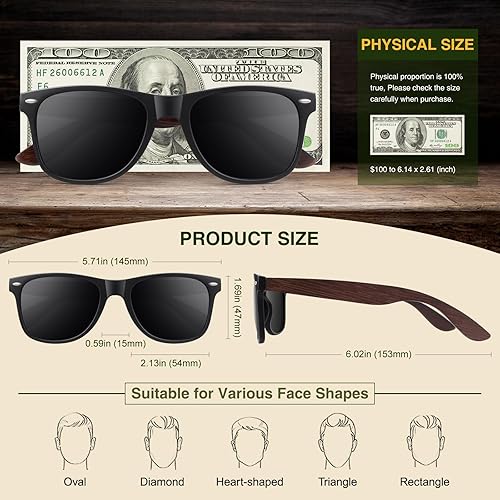 Miniatura 6 de WEAROYO Lentes de sol polarizados para hombres y mujeres con patillas de madera, lentes retro oscuras para conducir, pescar, protección UV400