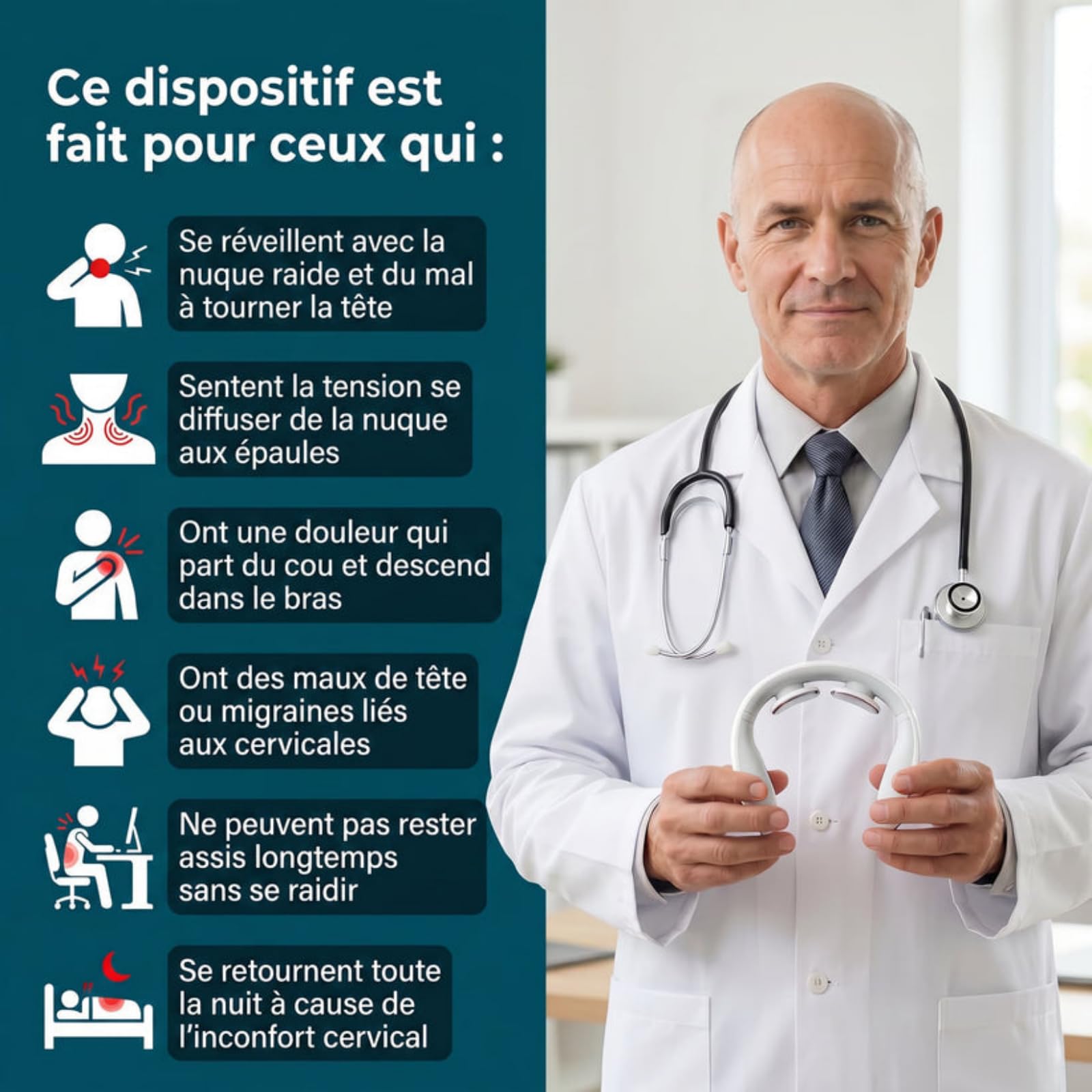 Kalivea Cervicalm,Masseur Électrique de Cou Sans Fil,6 Modes de Massage Chauffant,16 Intensités Ajustables,Masseur Portable Ergonomique pour Relaxation Cou et Épaules