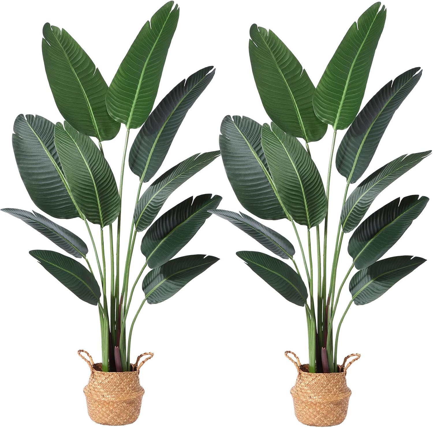 Ferrgoal Artificial Bird of Paradise Plants 5Ft Fake Tropical Palm Tree with 10 Trunks in Pot and Woven Seagrass Belly Basket Perfect Faux Plant for Home Indoor Outdoor Office Modern Decor Green 2 Pc… 2 5 ft